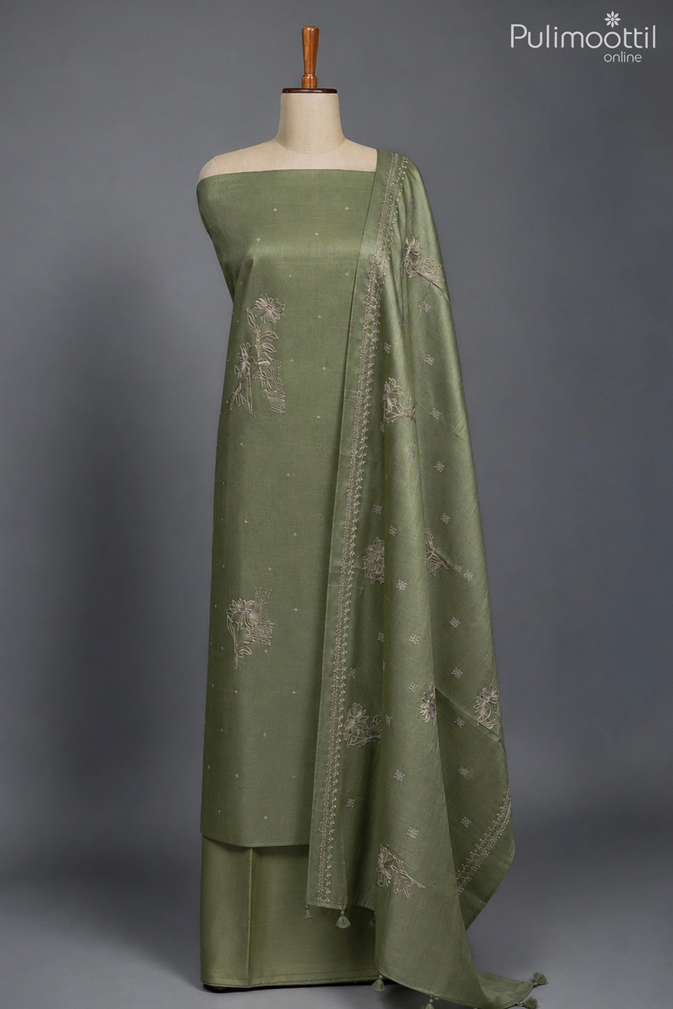 Pastel Olive Green Tussar Silk Unstitched Salwar Set