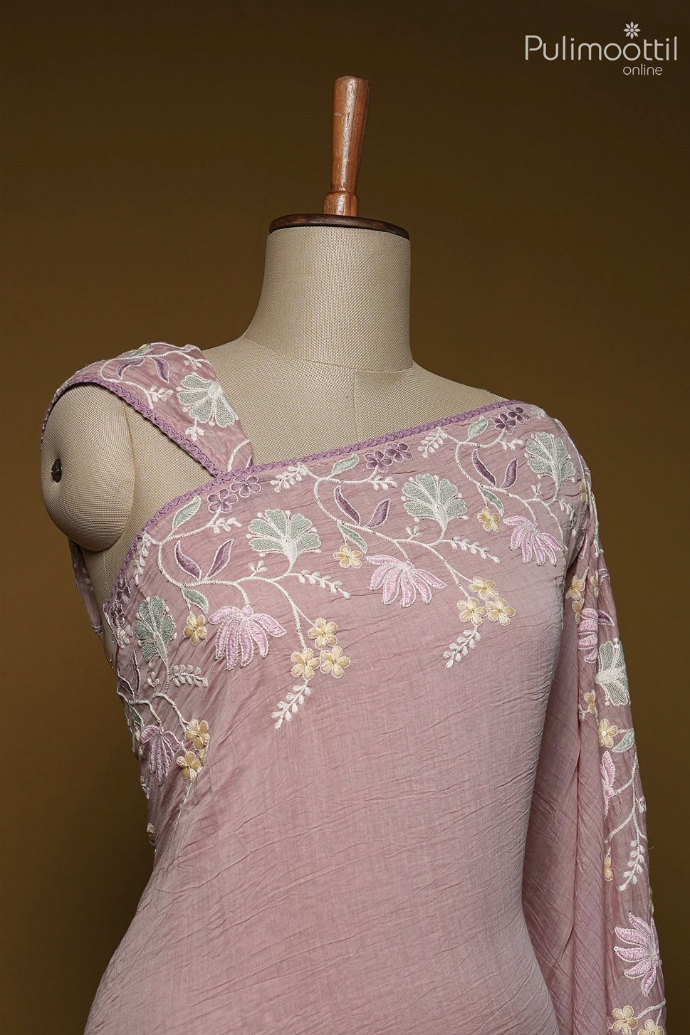 Pastel onion pink color crushed Chanderi silk saree