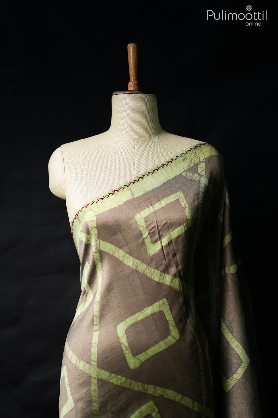 Dark chikku color hand embroidery Chanderi batik printed saree