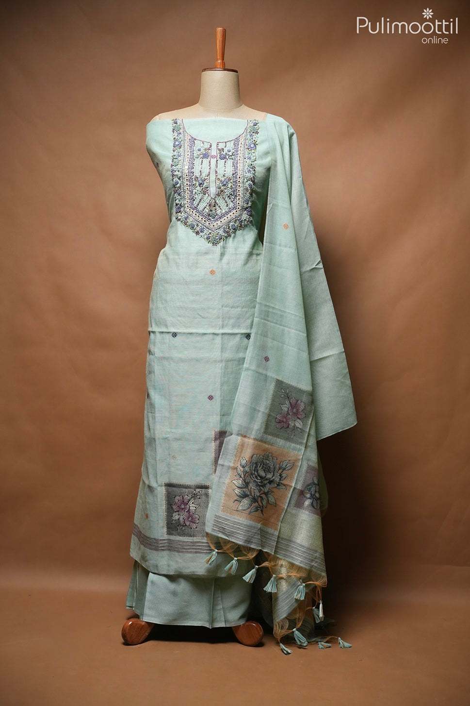Olive Green Semi Chanderi Unstitched Salwar Set