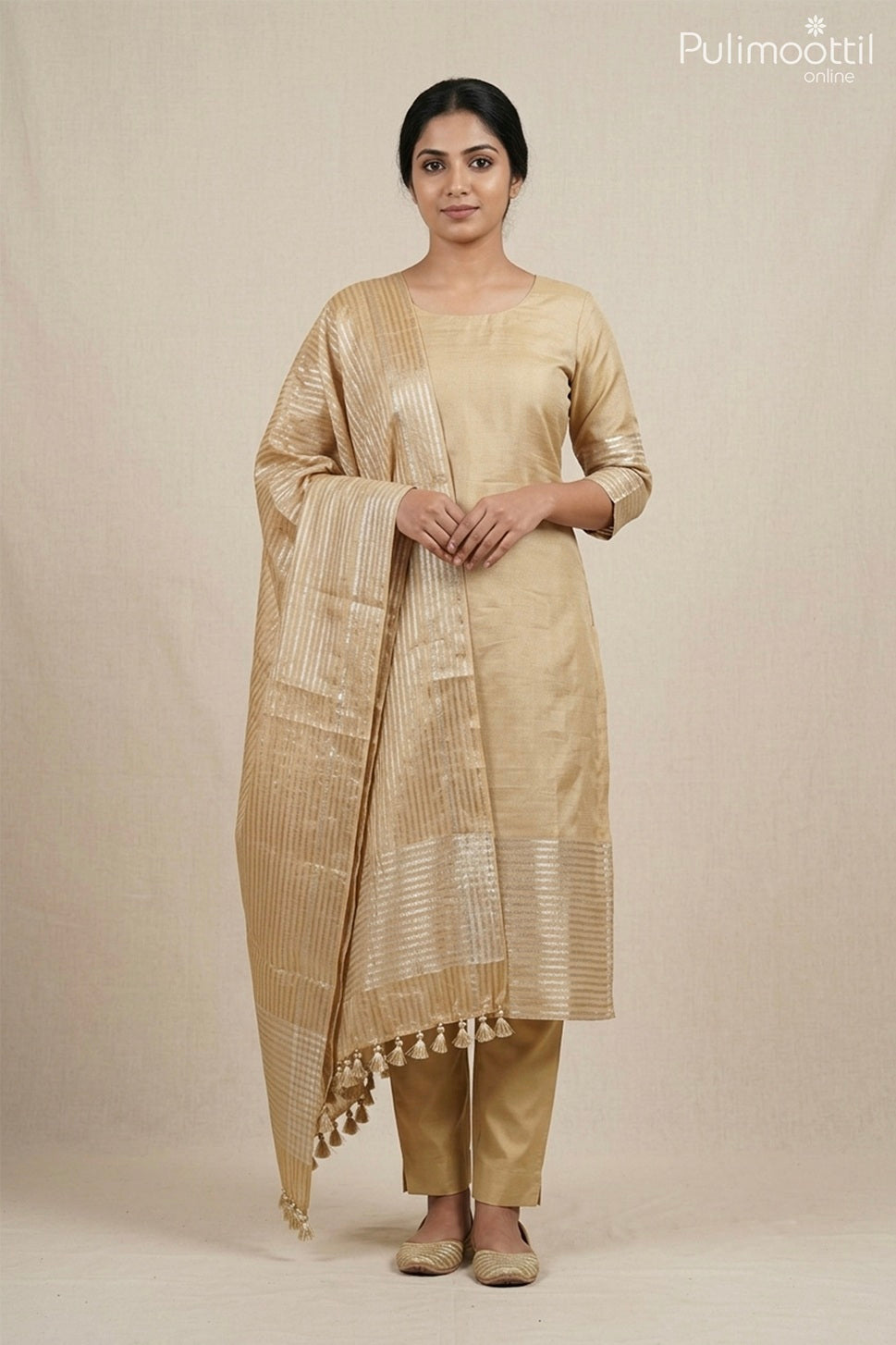LIGHT CHIKOO CHANDERI UNSTITCHED SALWAR SET