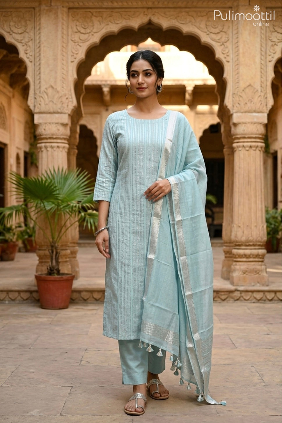 LIGHT BLUE CHANDERI UNSTITCHED SALWAR SET