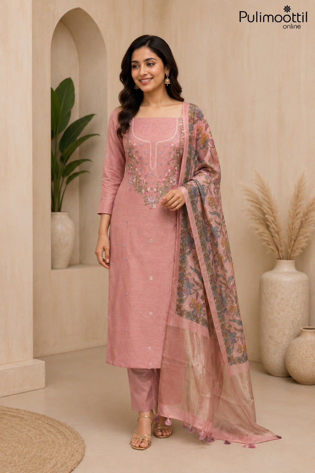Peach Pink Chanderi Unstitched Salwar Set