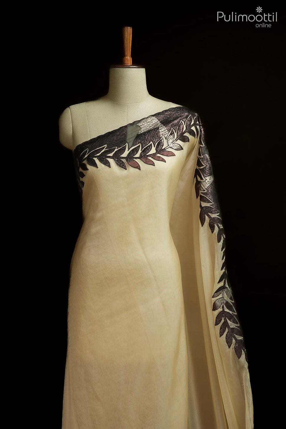 Bright cream color organza fancy saree