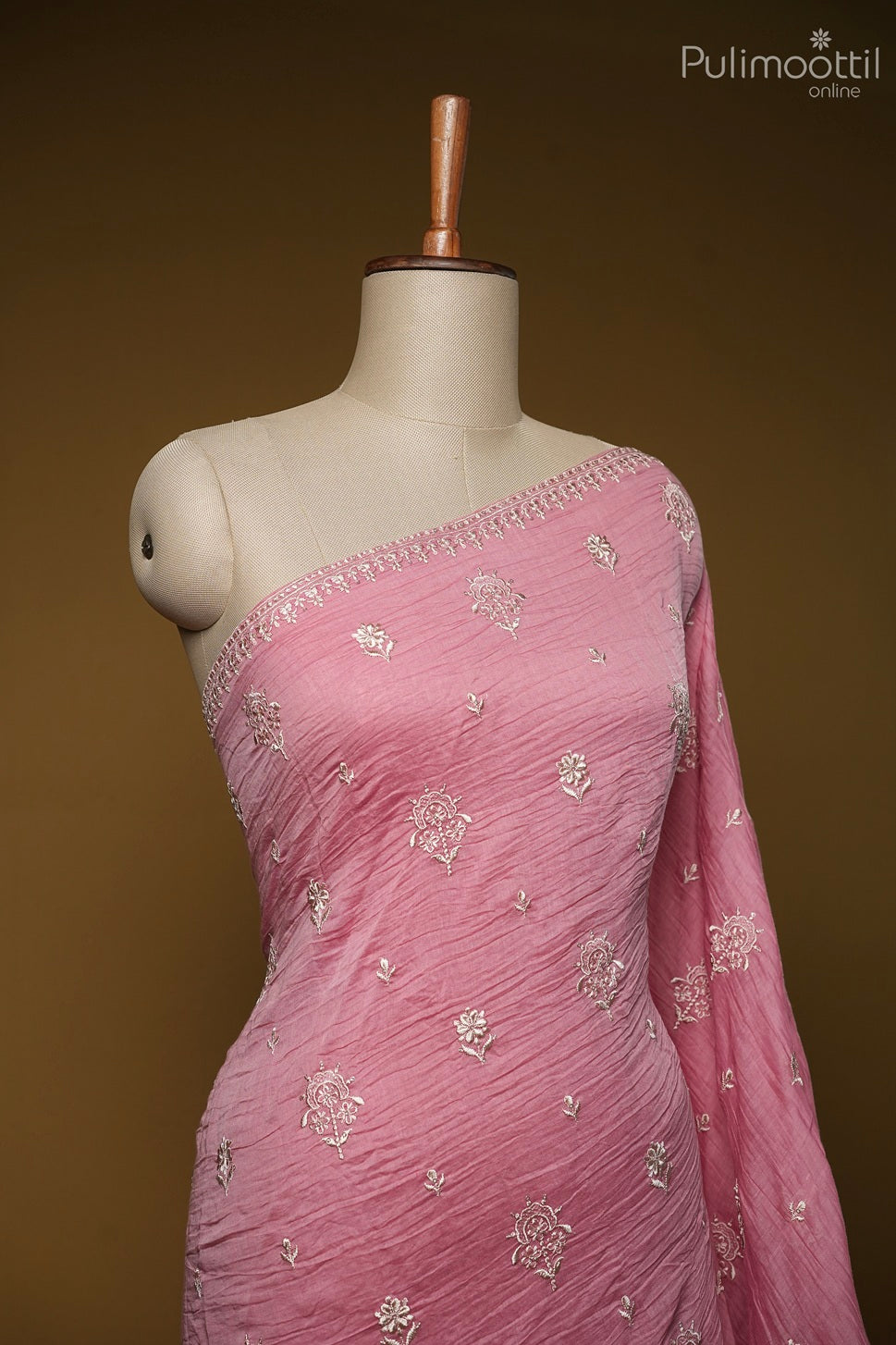 Peach pink color crushed Chanderi silk saree