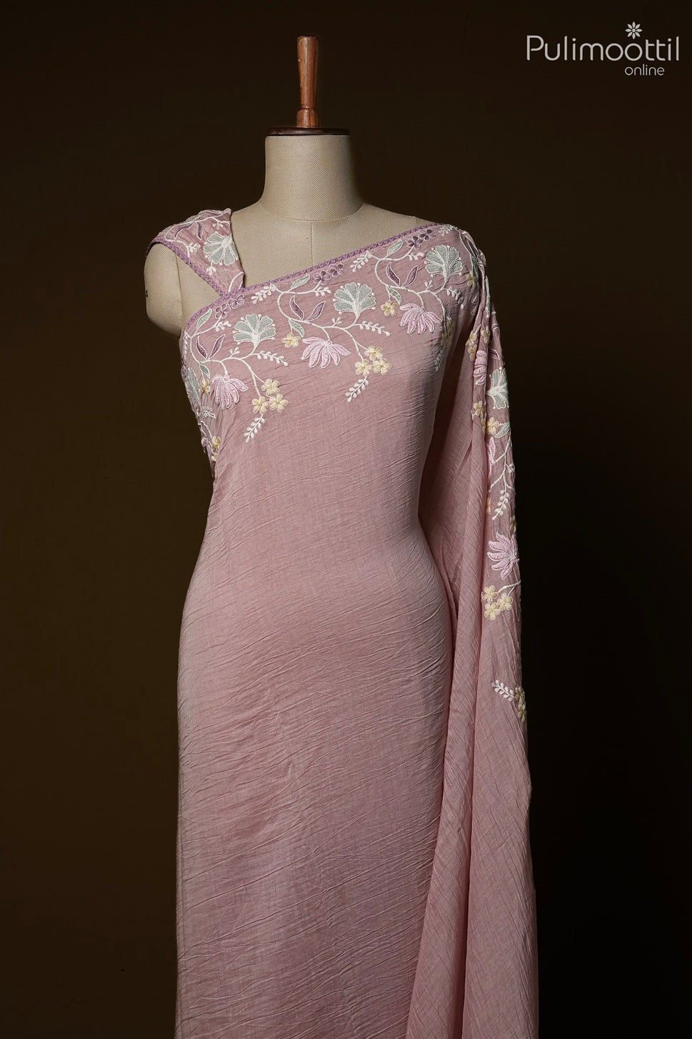 Pastel onion pink color crushed Chanderi silk saree