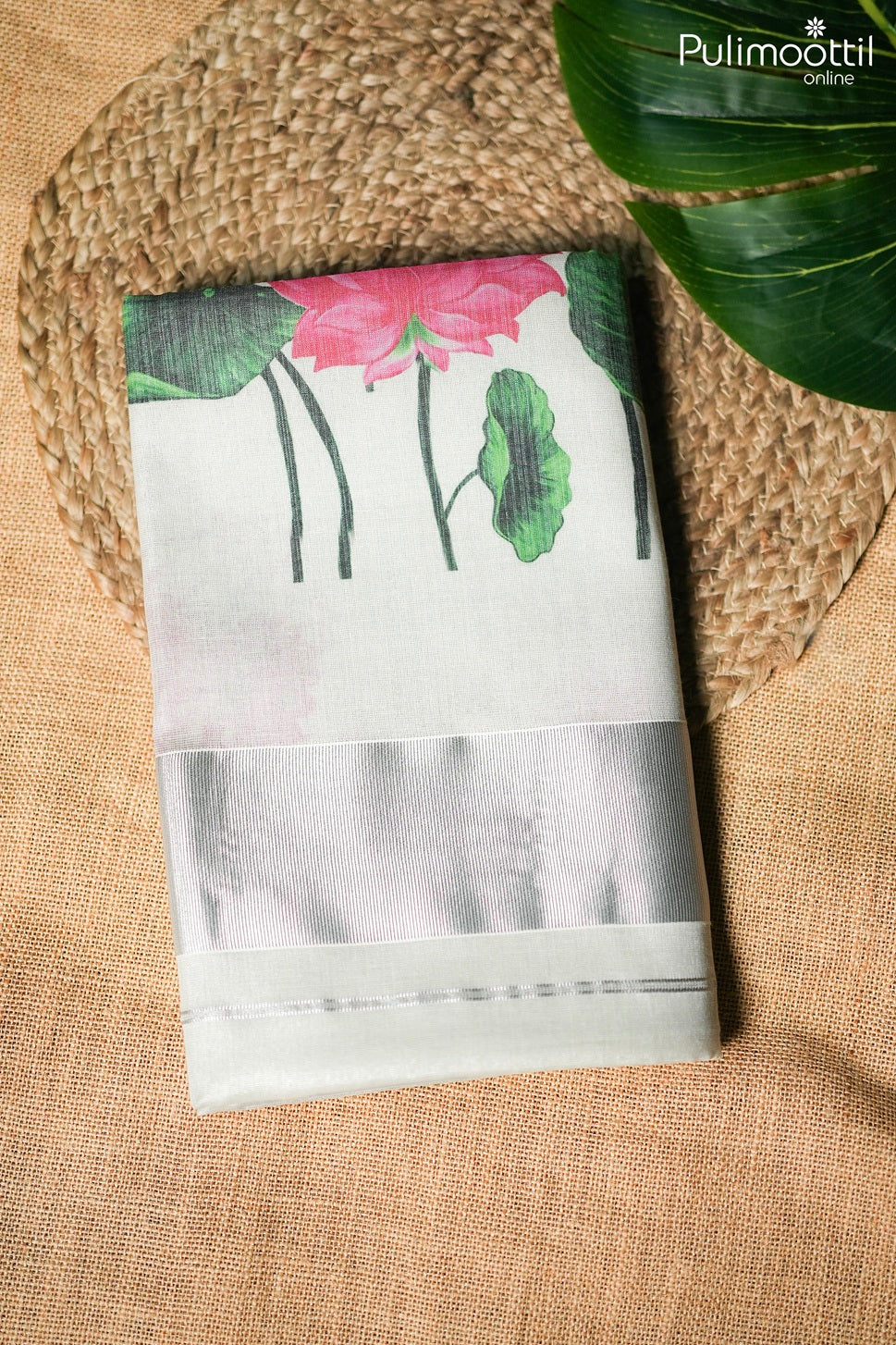 Silver tissue lotus digital print Kerala set saree