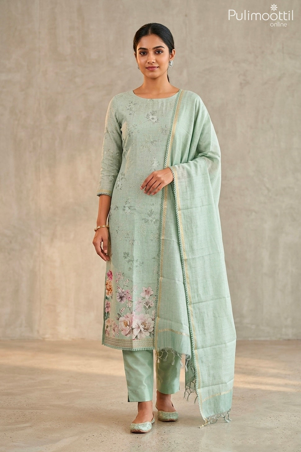 Pista Green Mal Chanderi Unstitched Salwar Set