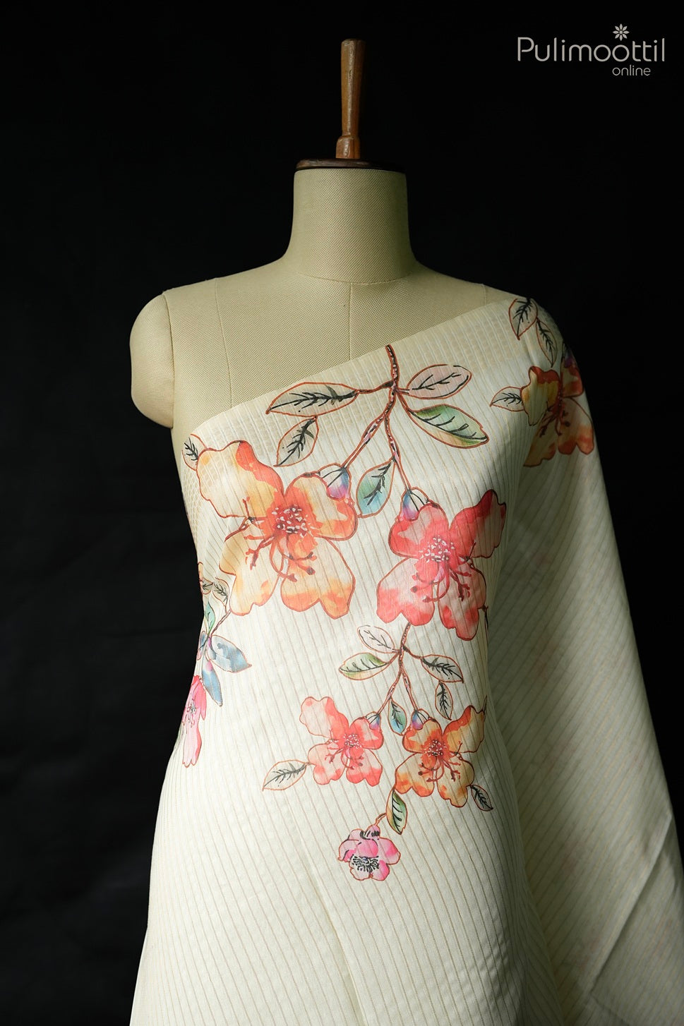 Off white color semi Chanderi printed fancy saree