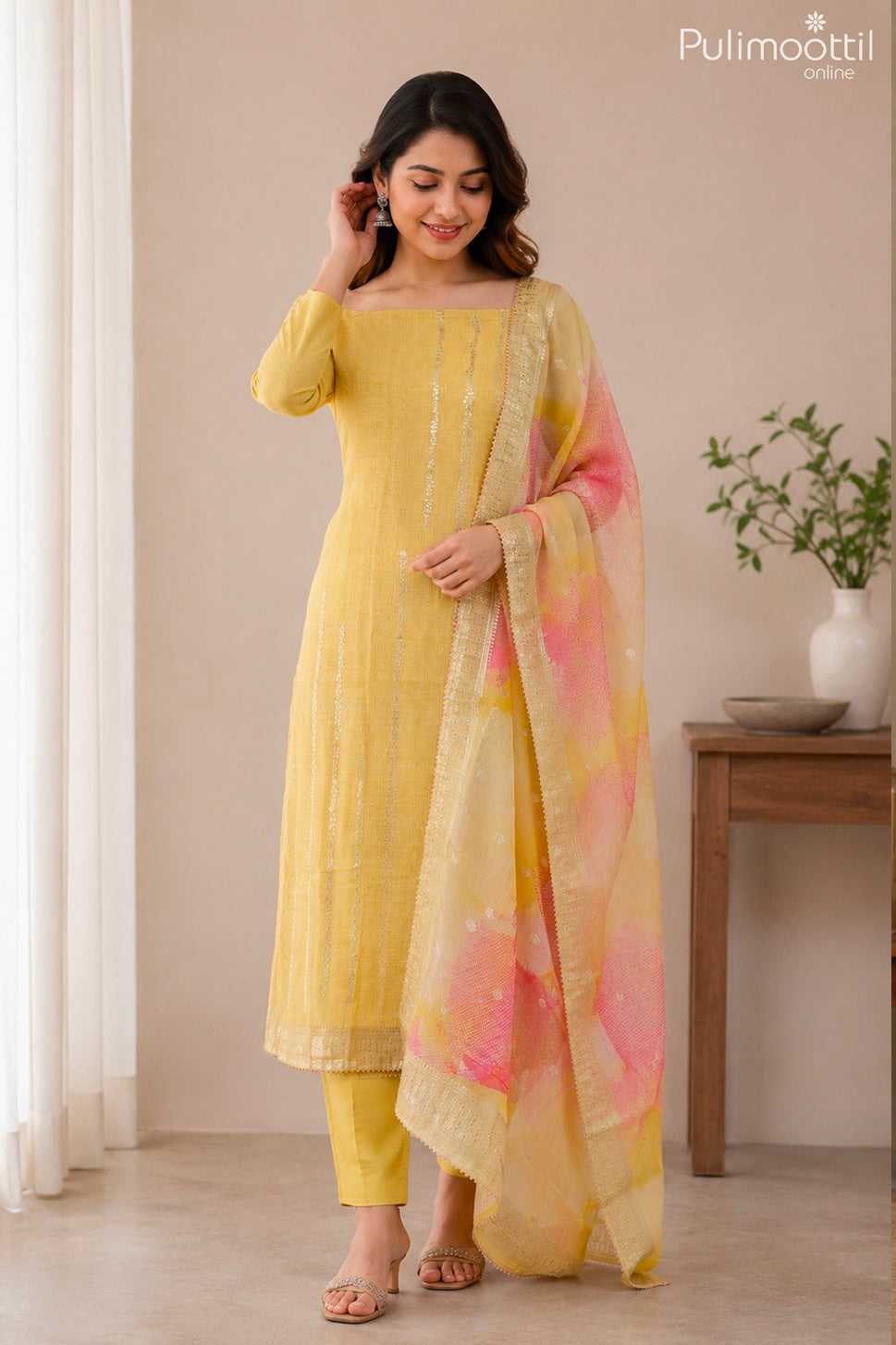 Olive Yellow Organza Unstitched Salwar Set