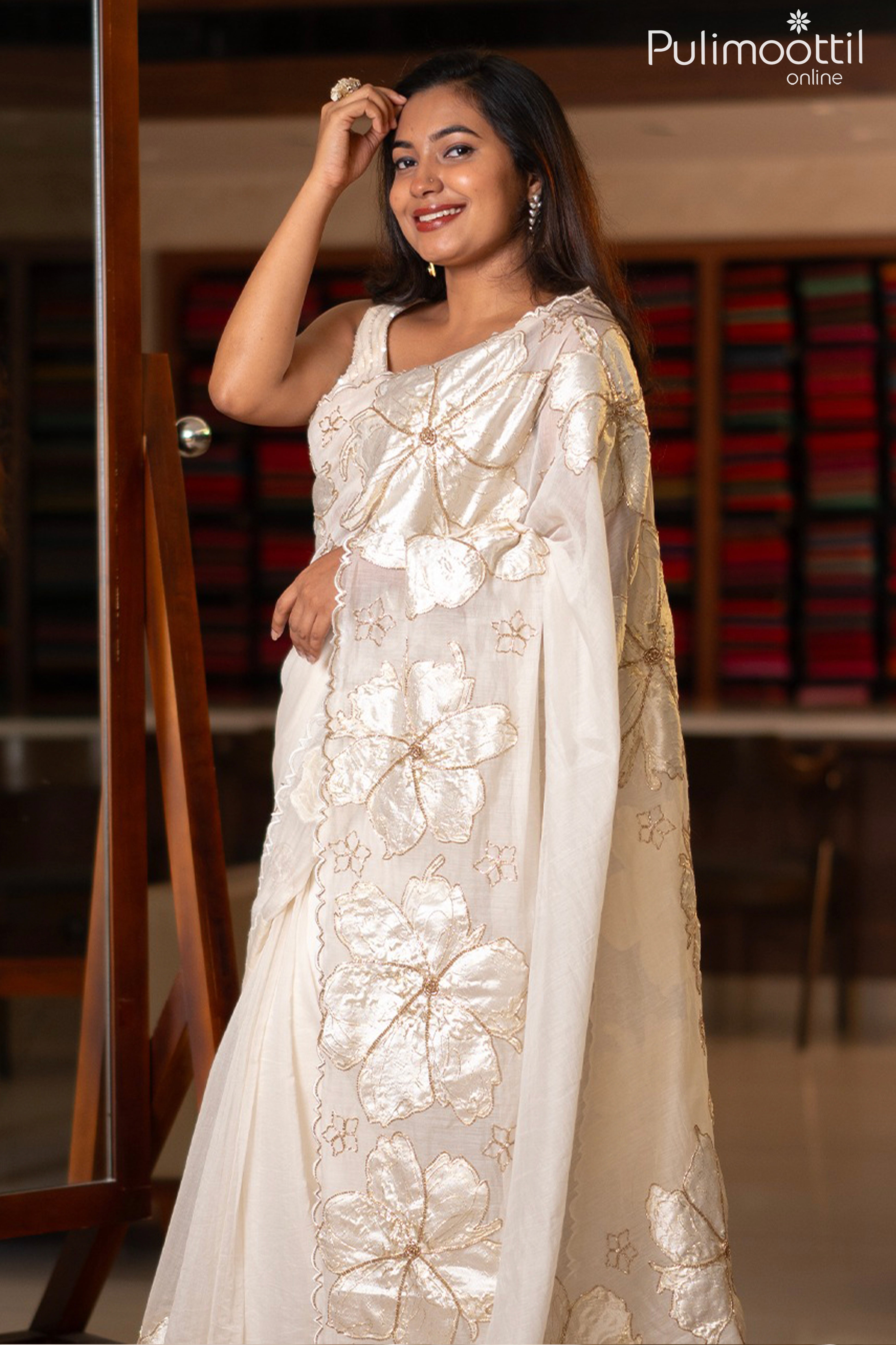 Cream color Mal Chanderi saree