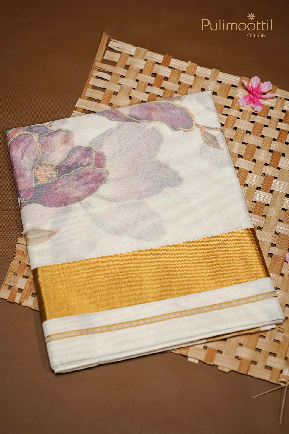Cream Colour Kerala Cotton Printed Set Saree.