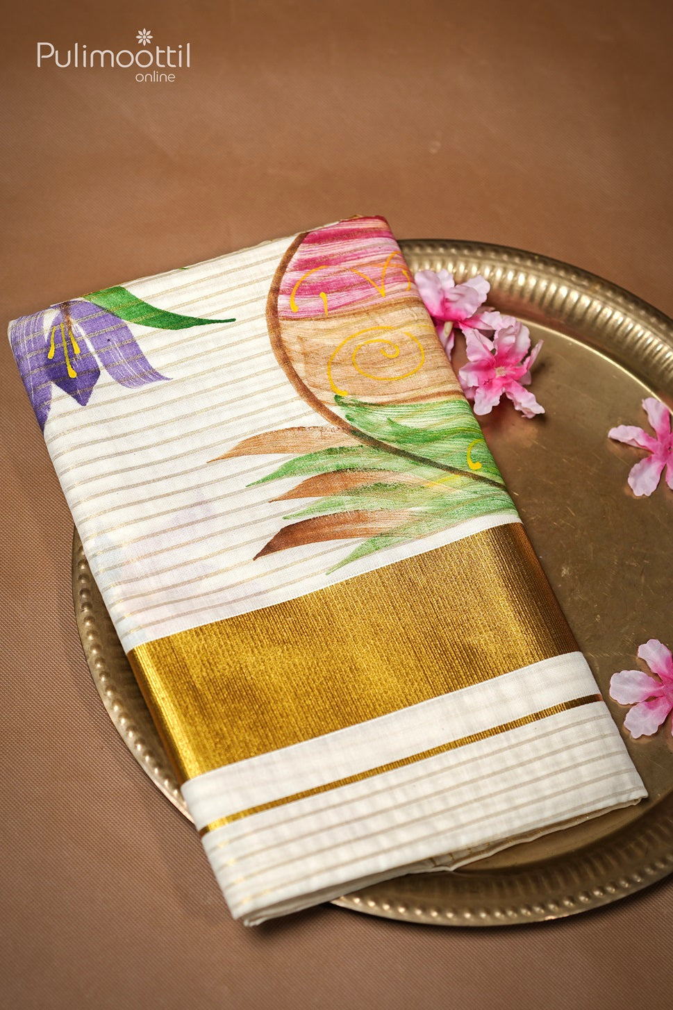 Cream Colour Kerala Cotton Free Hand Painting Saree.