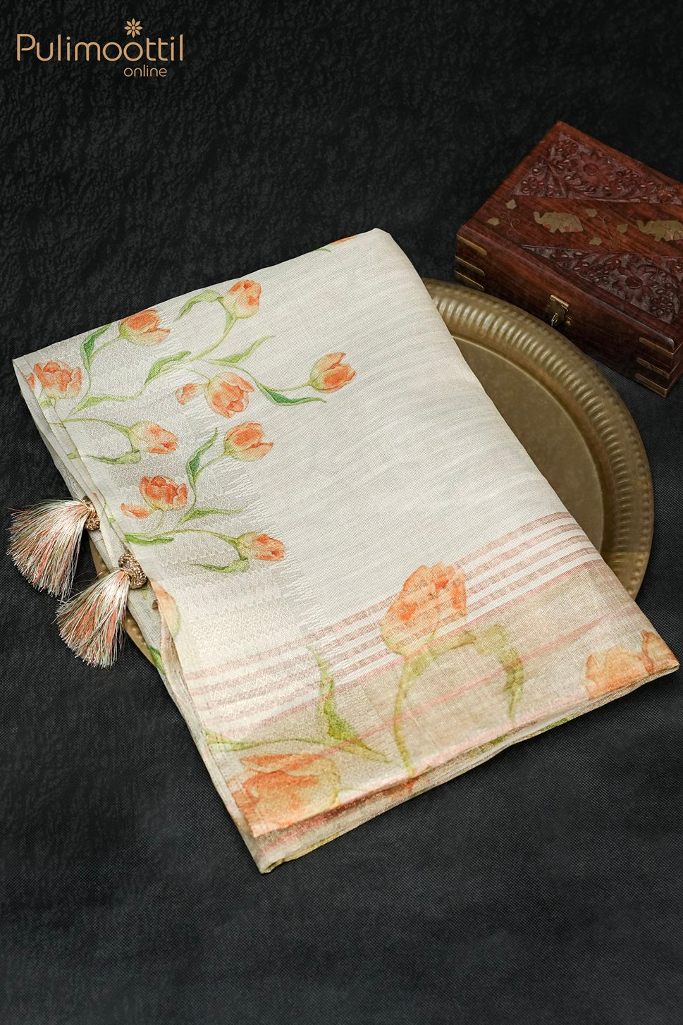 Cream Colour Kerala Golden Tissue Fancy Saree.