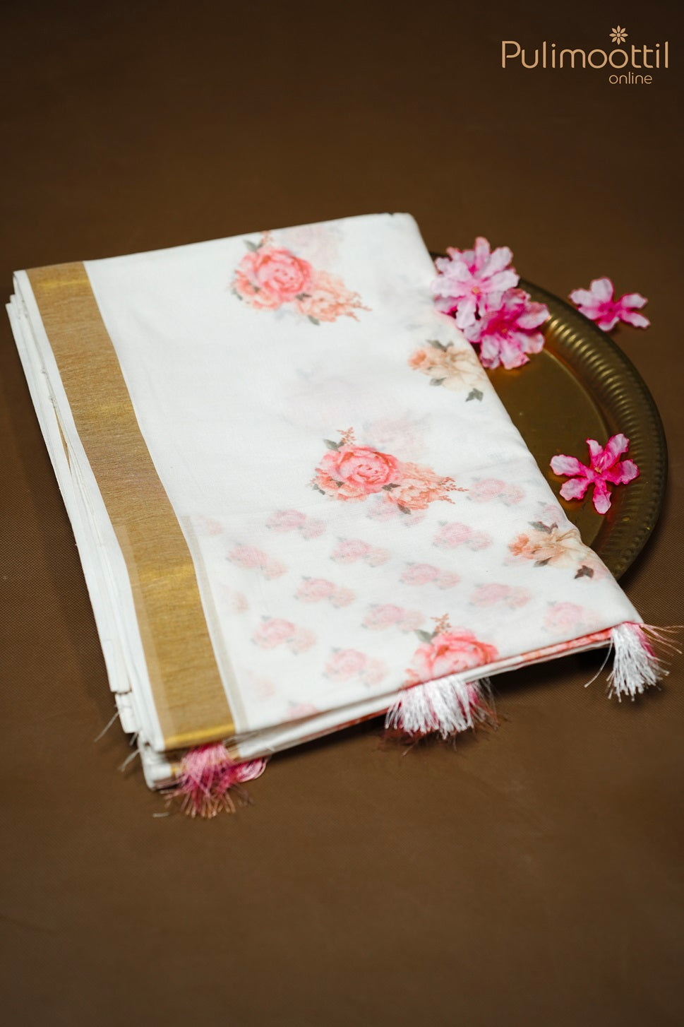 Cream Colour Kerala Cotton Printed Set Saree.