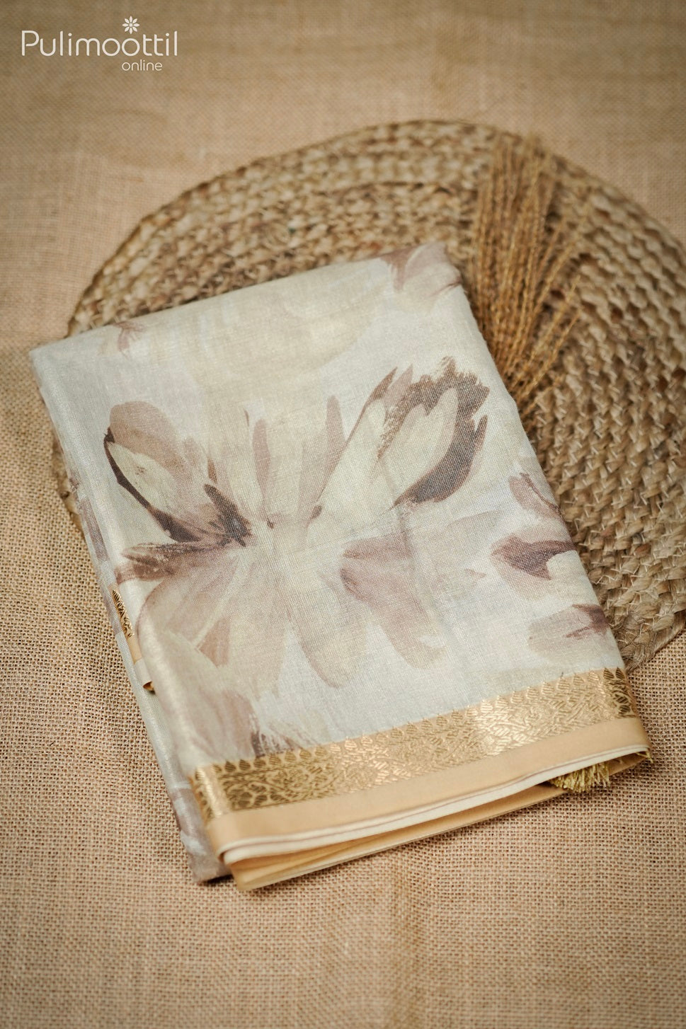 Light Gold Colour Kerala Tissue Floral Print Fancy Saree.