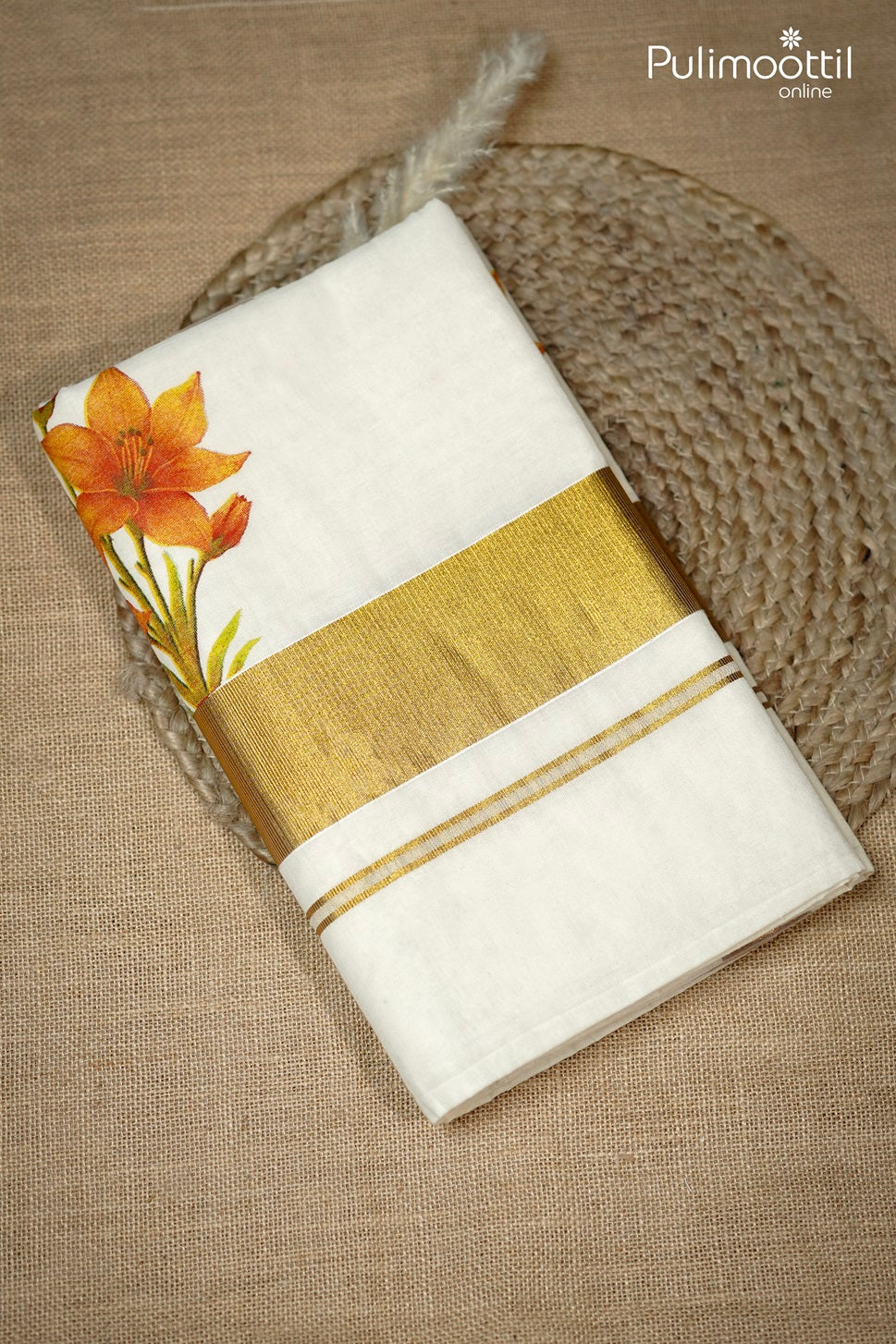 Cream Colour Kerala Digital Print Set Saree.