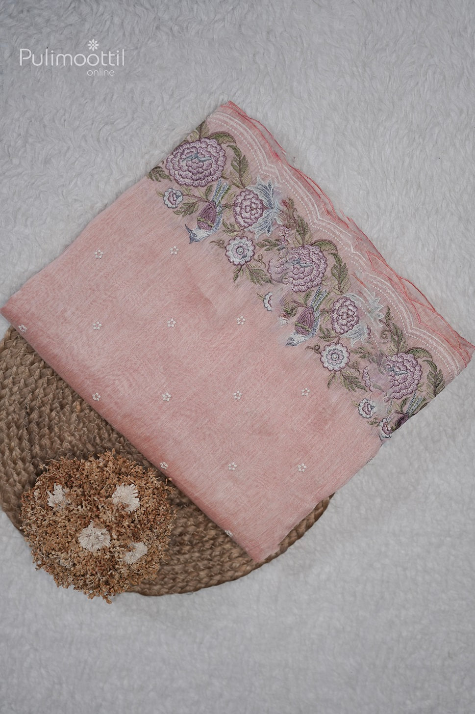 Pastel peach Embroidery Linen Saree