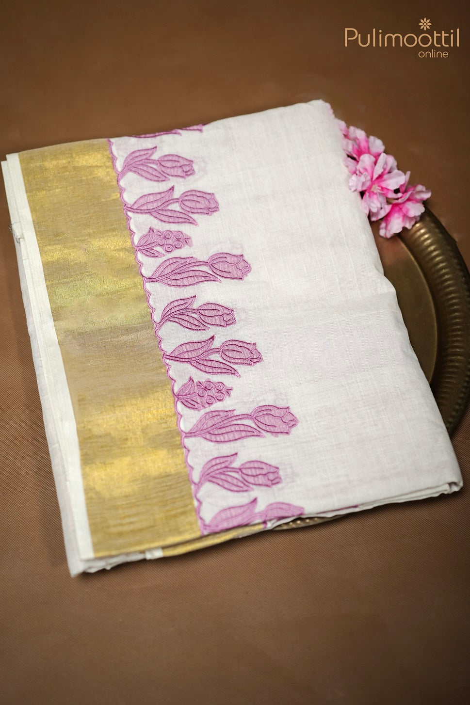 Cream Colour Kerala Cotton Applique Work Set Saree.