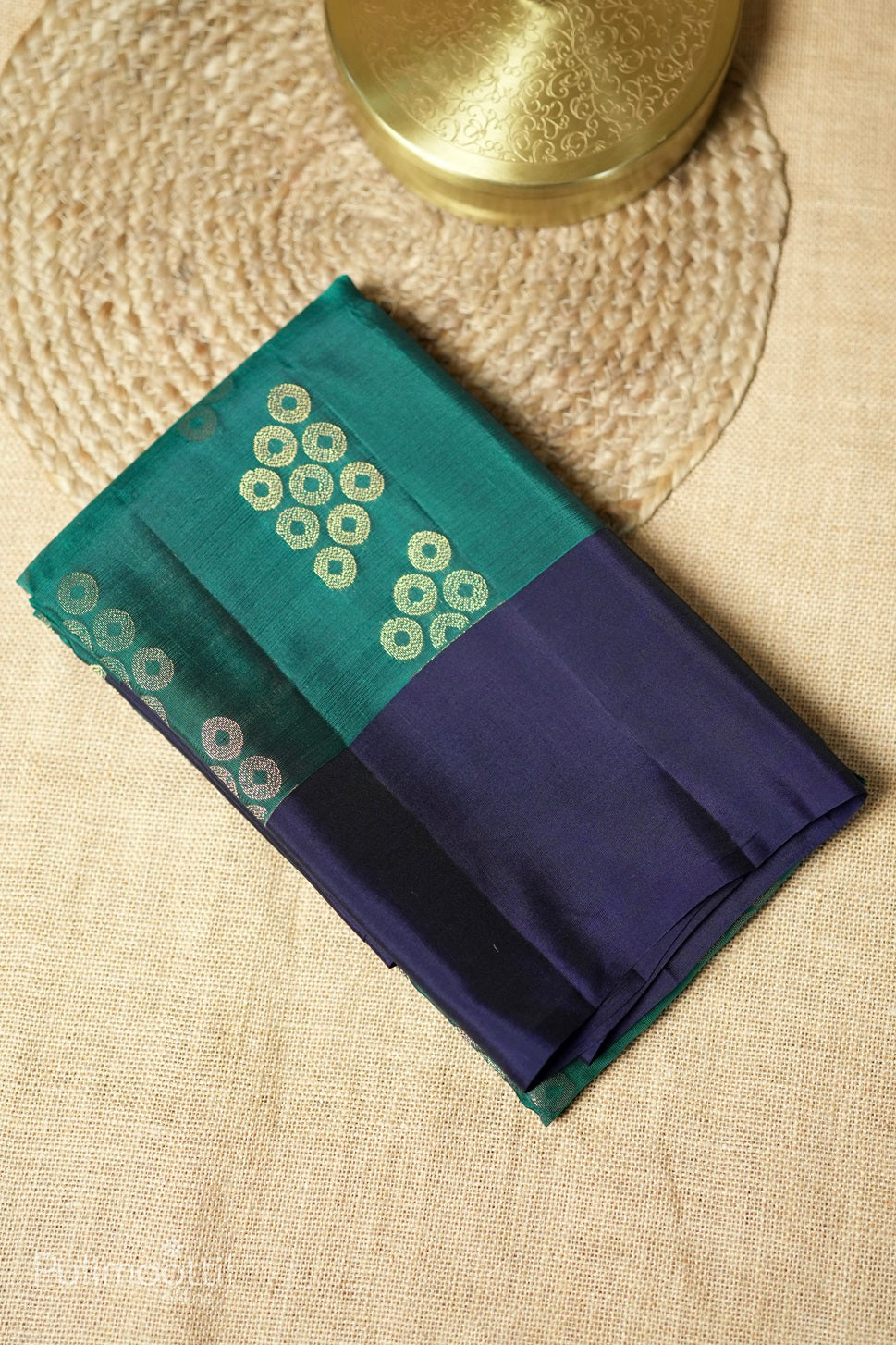 Dark blue-green colored Kanchipuram saree