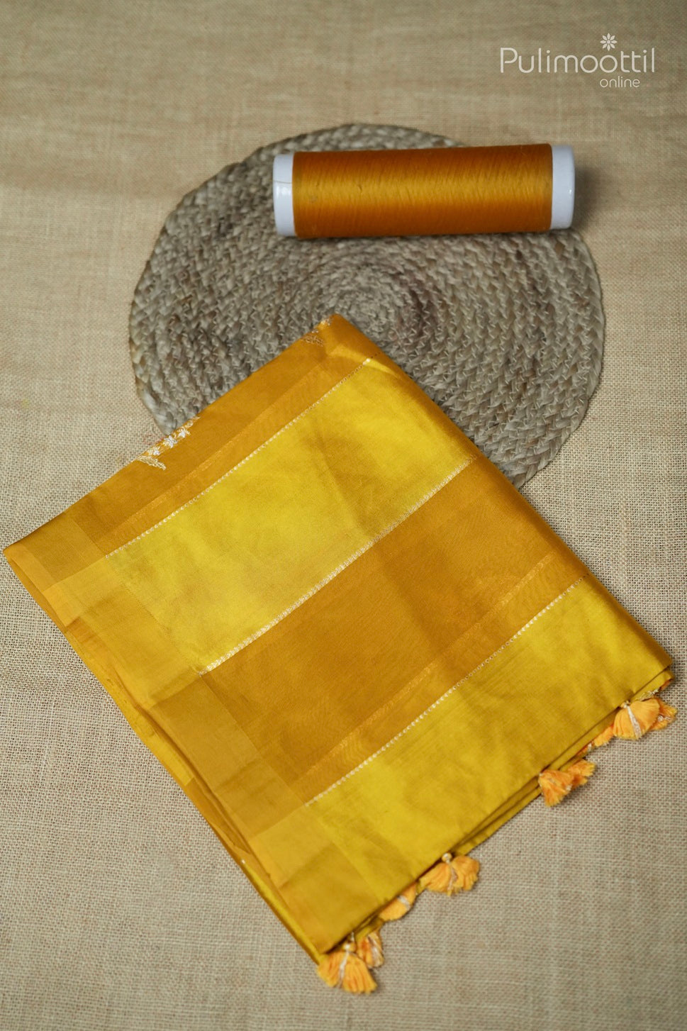 Mustard yellow color mango silk and organza mixed saree