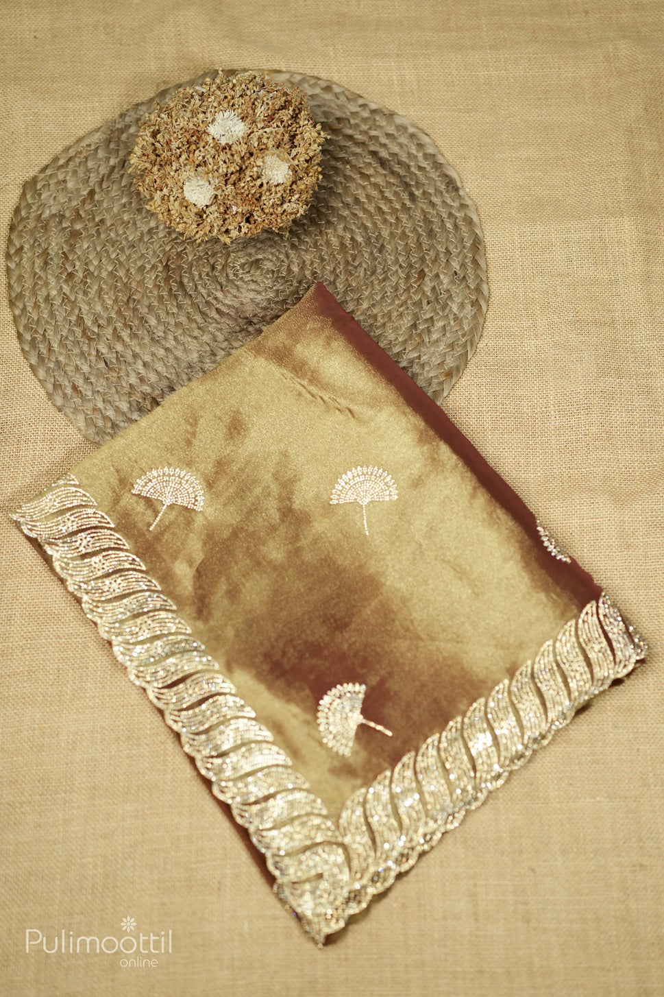 Chestnut-colored shimmer organza fancy saree