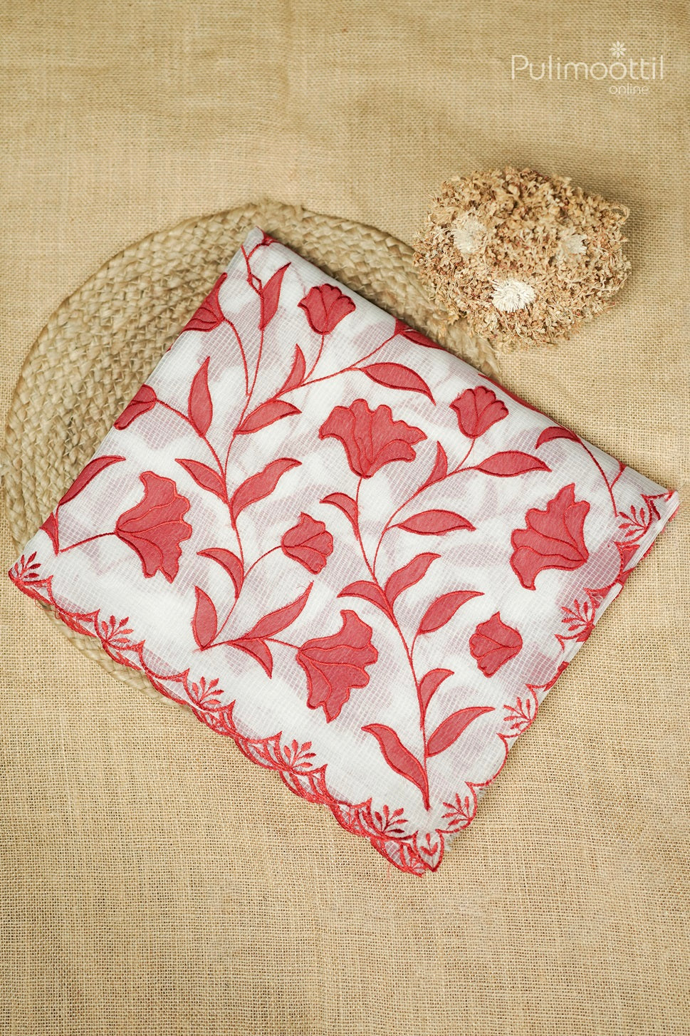 White Colour Net Cotta Appliqué Work Fancy Saree