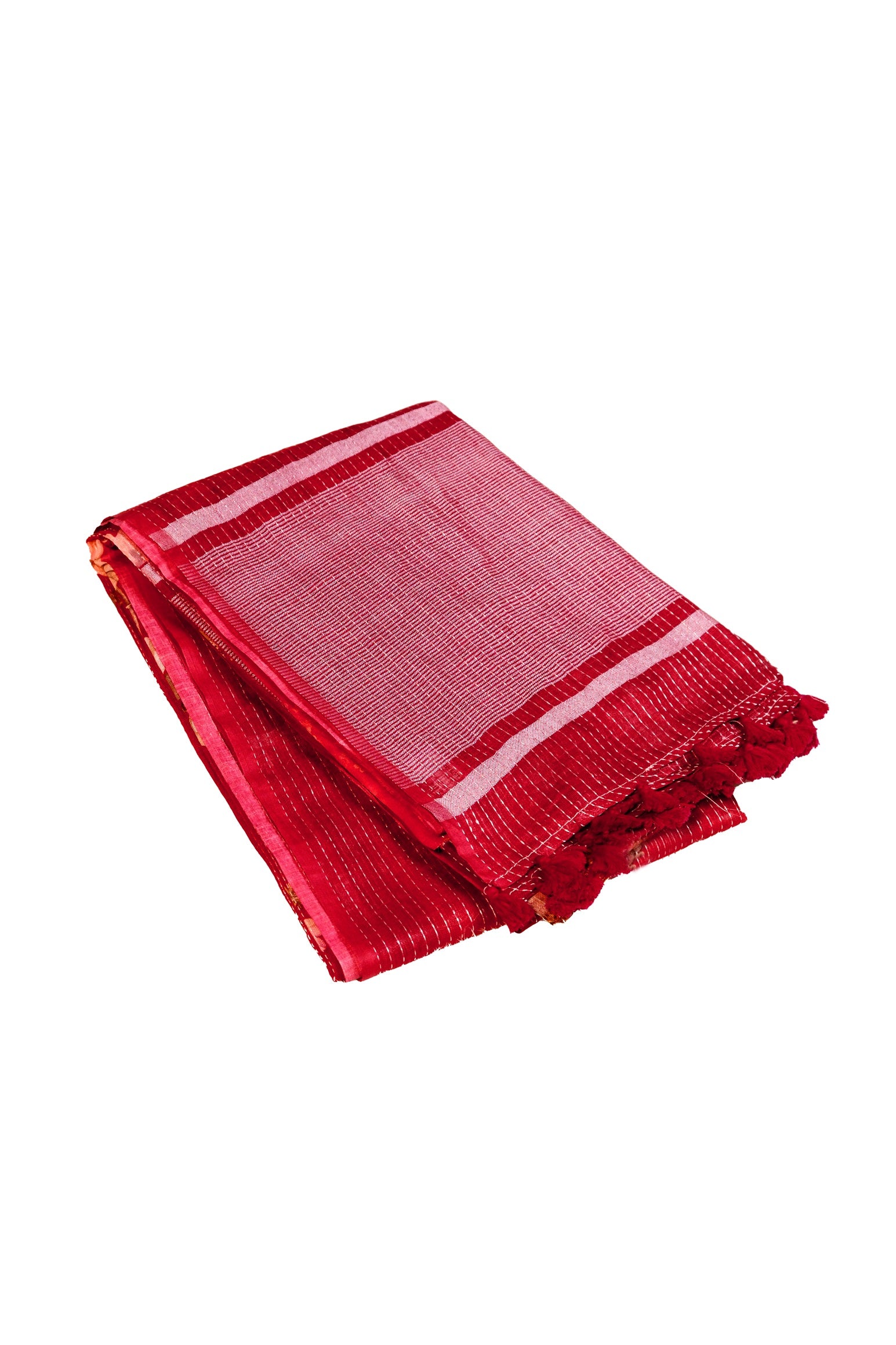 Folded red floral linen printed saree highlighting striped pallu