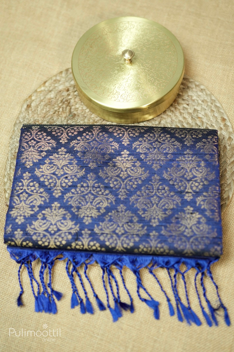 Dark Peacock Blue Colour Kanchipuram Jute Silk Saree