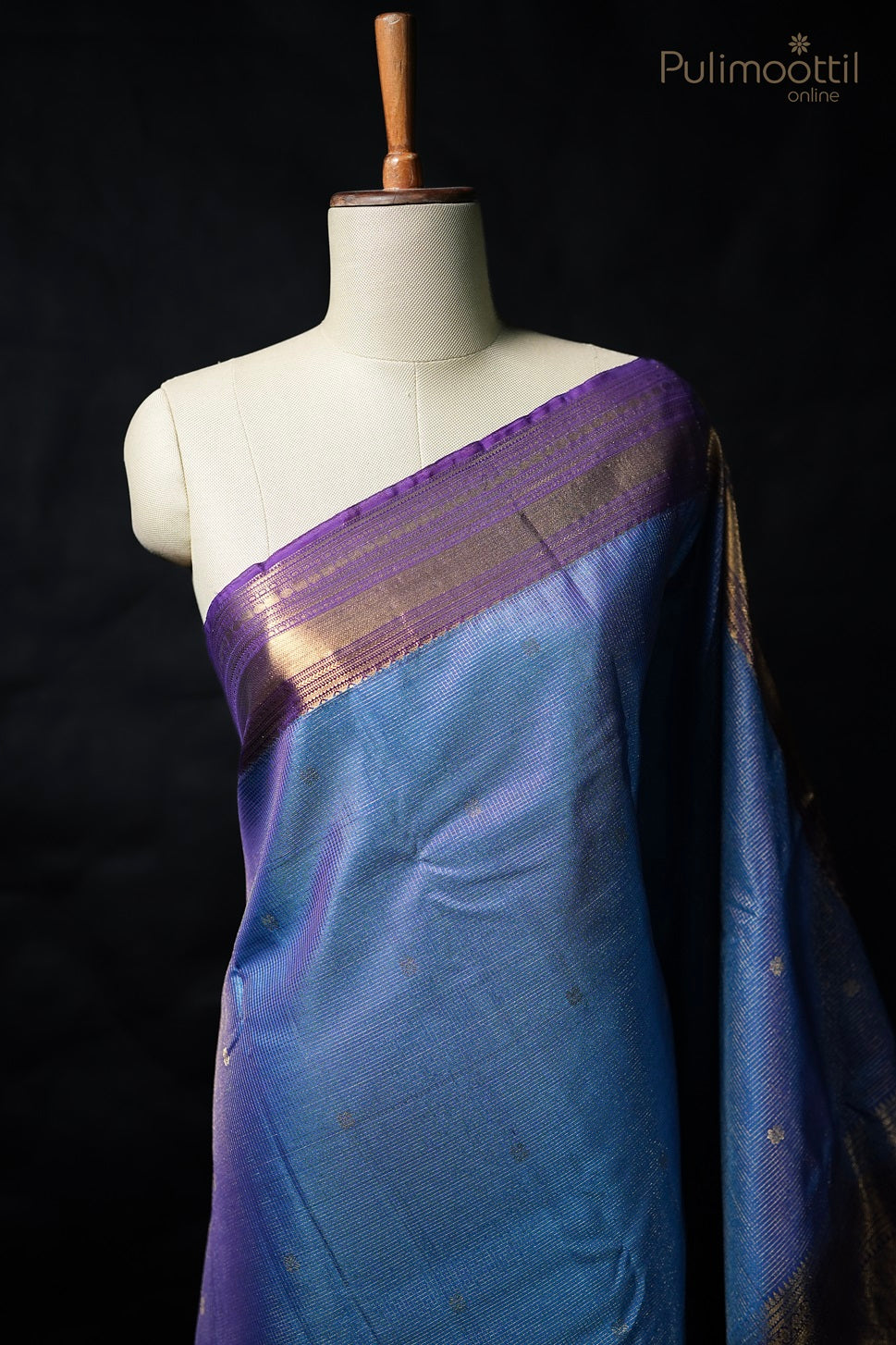 Dark Sky Blue Colour Kanchipuram Designer Saree