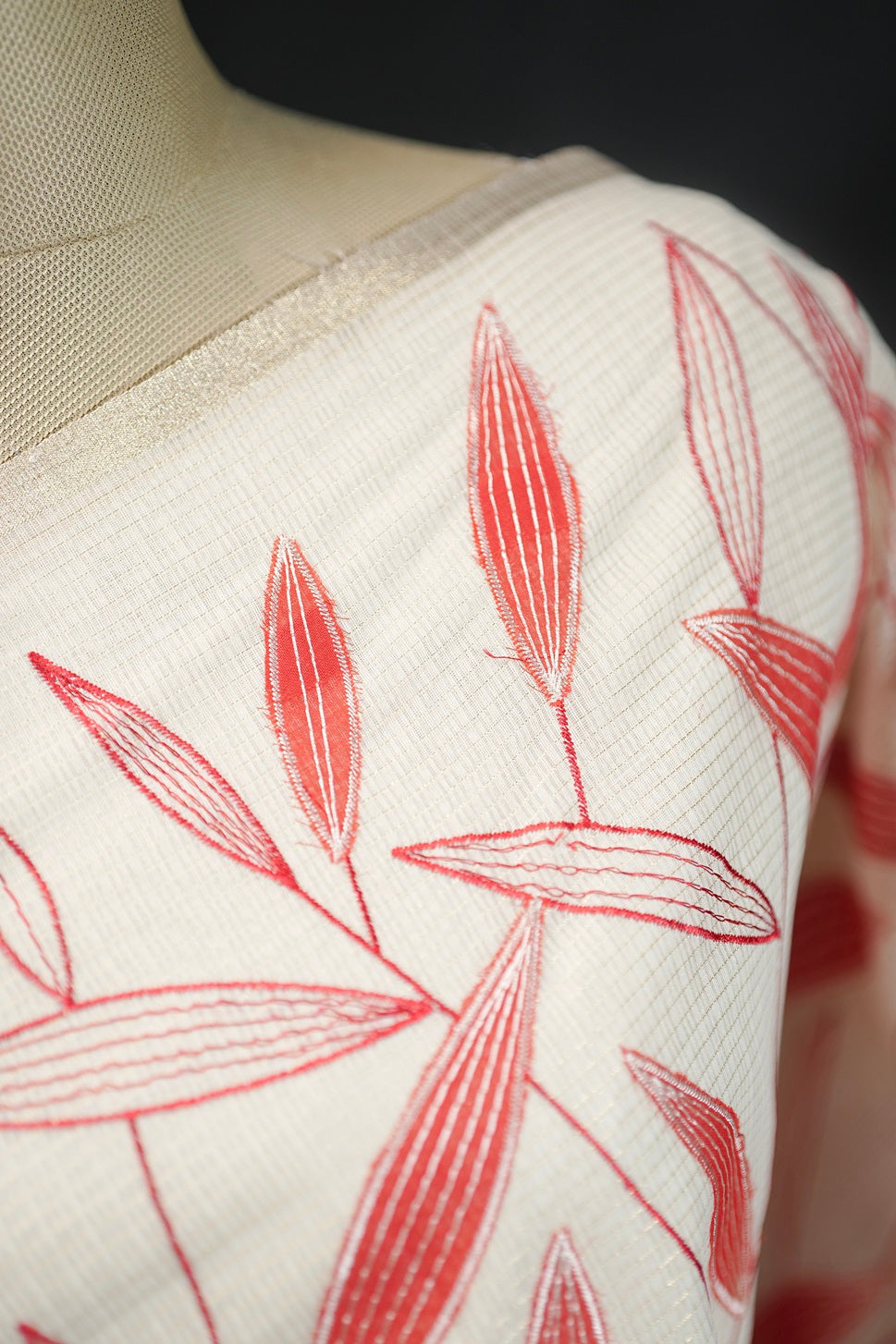 Cream Colour Net Kota Applique Work Fancy Saree.