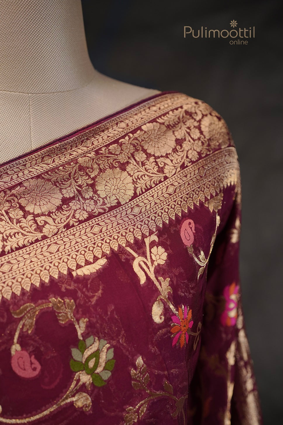 Detailed View of the Neckline and Floral Embroidery on the Purple Banarasi Saree