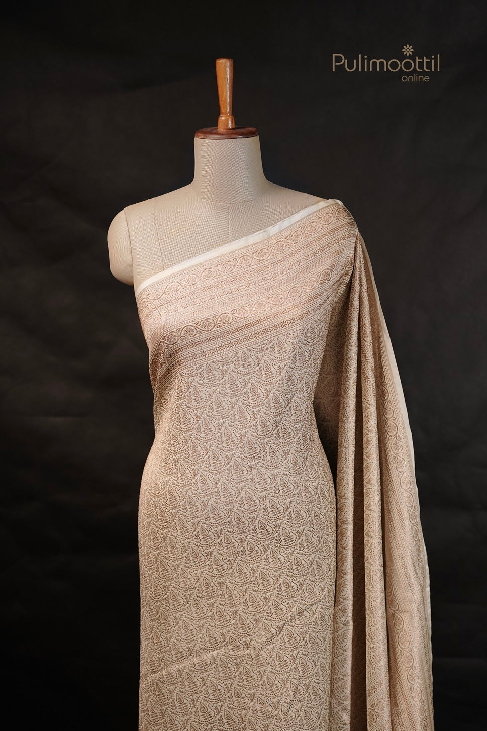 White Kattan silk saree draped on mannequin showcasing golden and thread detailed body and border