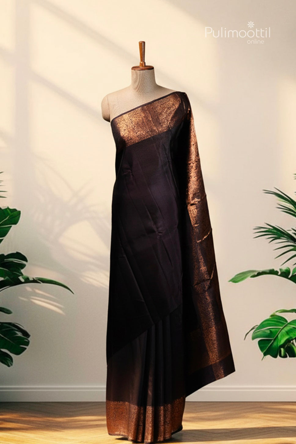 Black Kanchipuram soft silk saree with plain body and rich designer border draped on a mannequin.