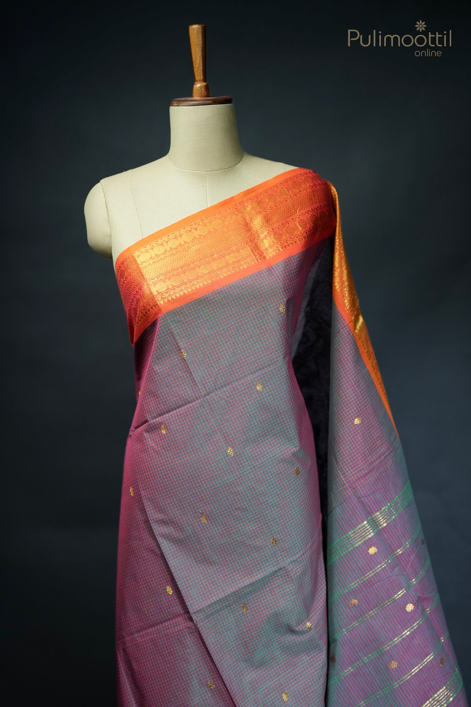 Pink and Green Shaded Check Cotton Saree