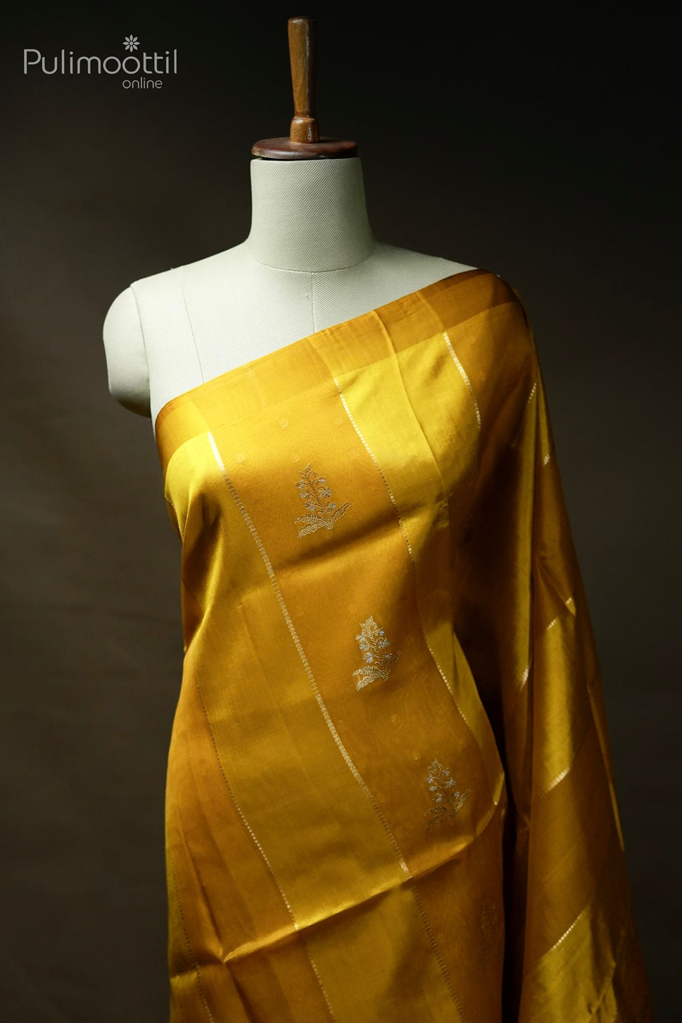 Mustard yellow color mango silk and organza mixed saree