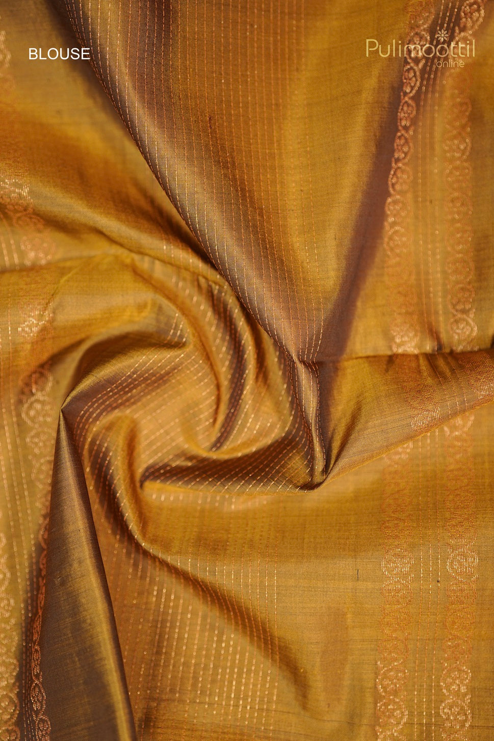 Textural close-up of the Contrast Golden Designer Striped Blouse fabric for the Dark Maroon Soft Silk Saree