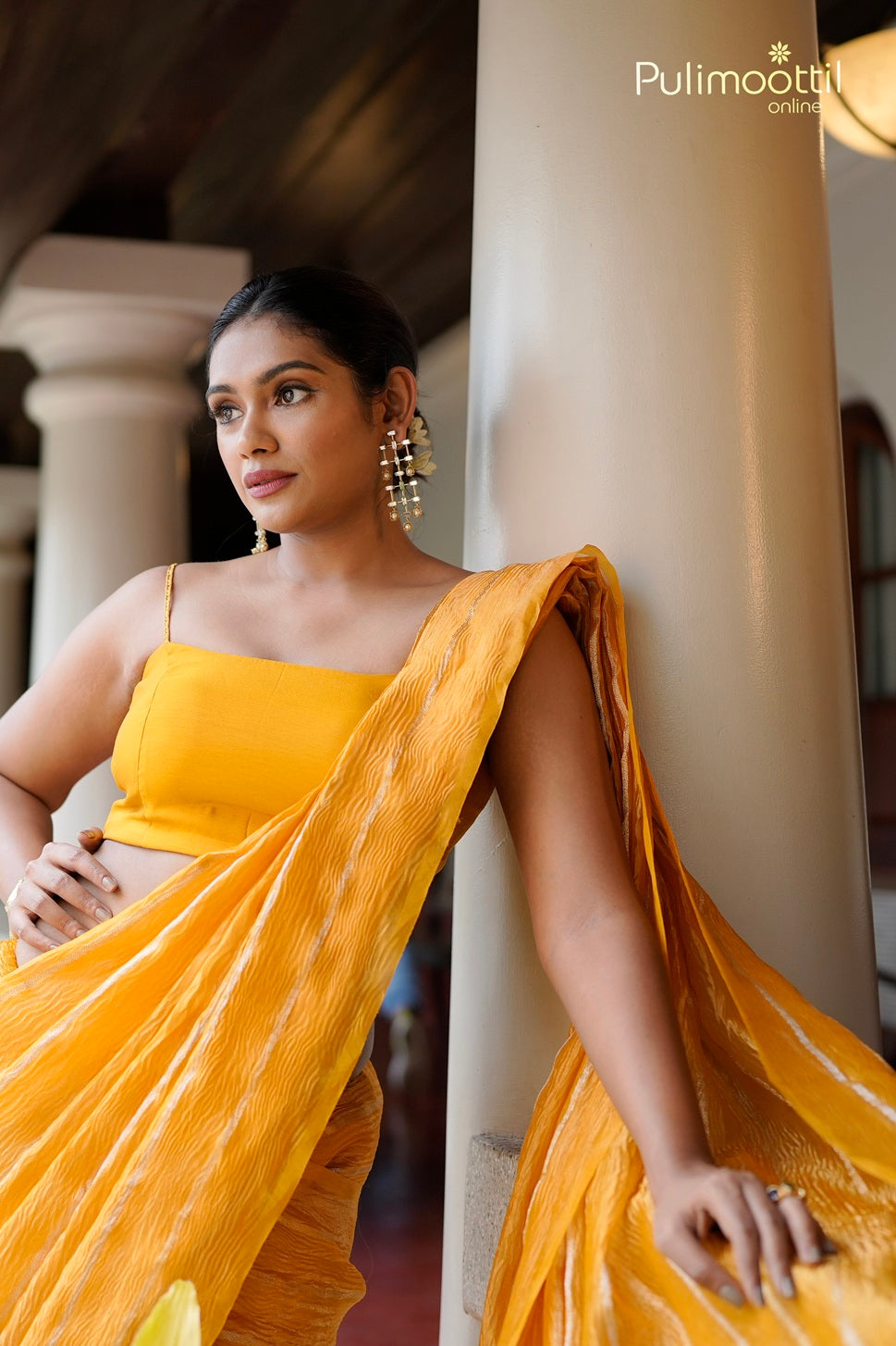 Mustard Yellow Colour Crushed Organza Fancy Saree