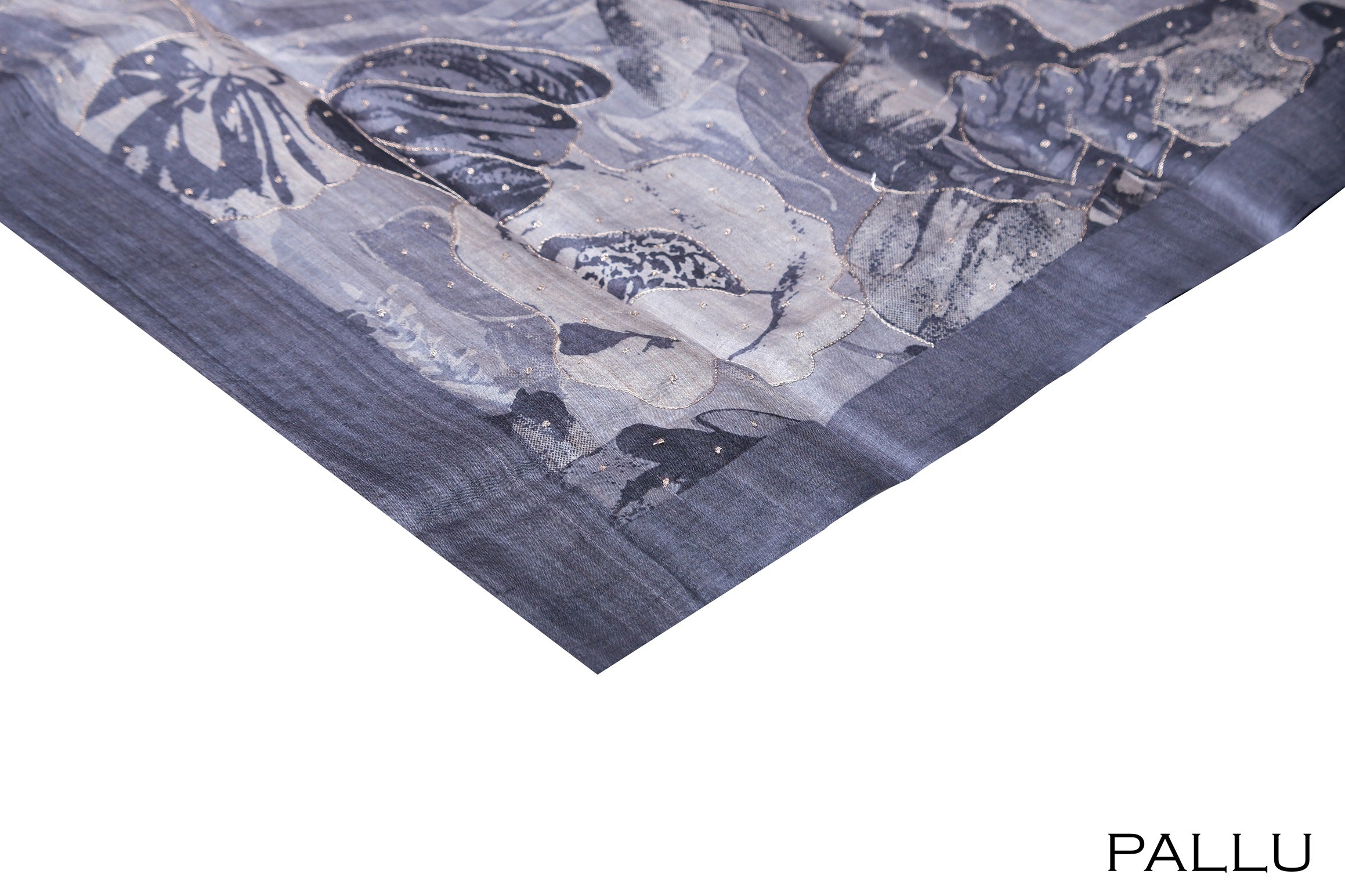 Grey color printed pure Tusser silk saree.