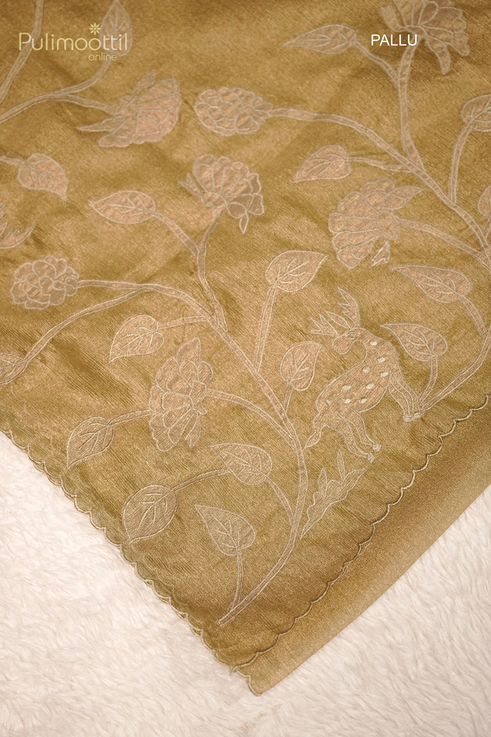 Pastel Olive Green Colour shimmer Organza Applique Work Fancy Saree