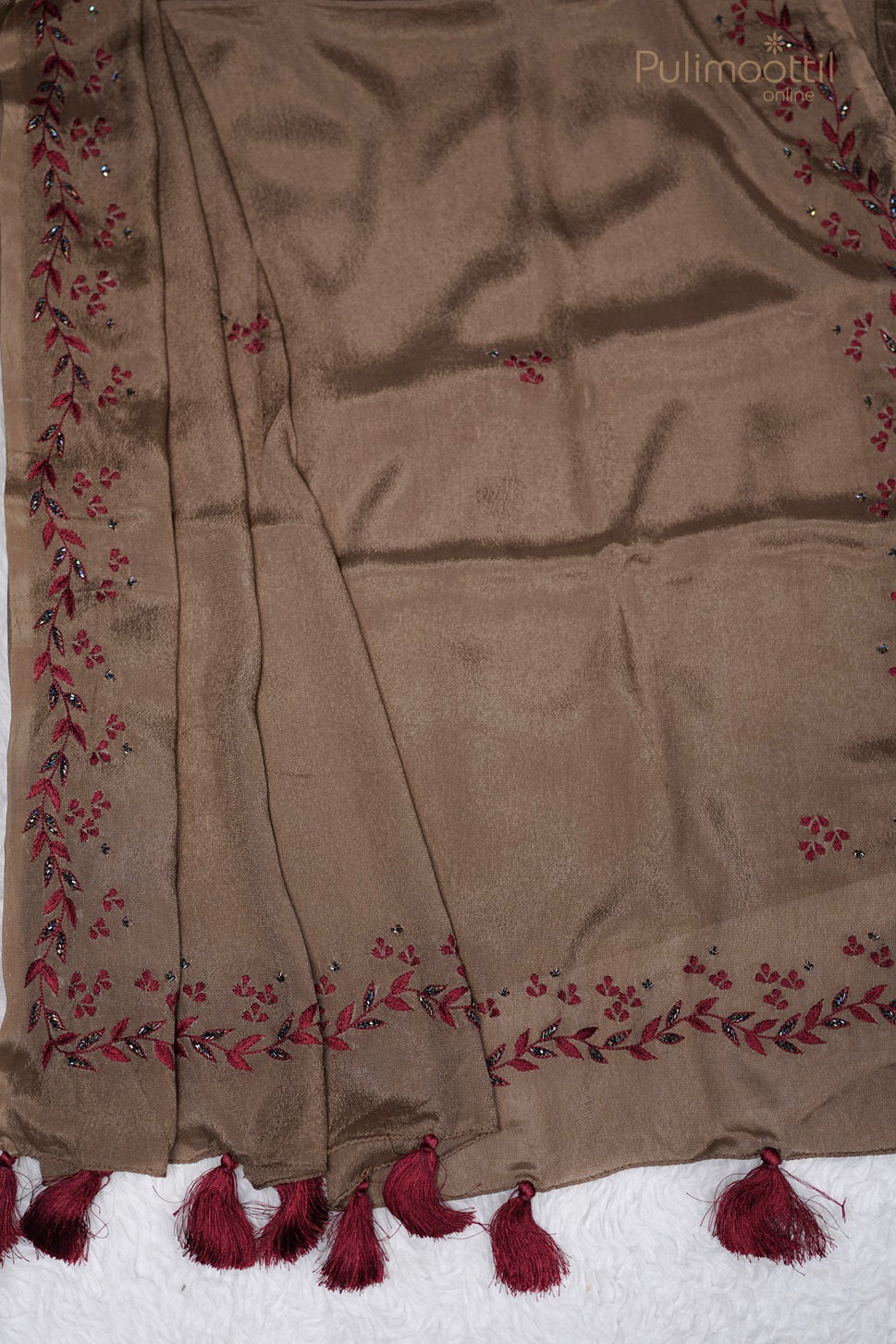 Dark Chikoo Shade Hand Embroidery Fancy Saree
