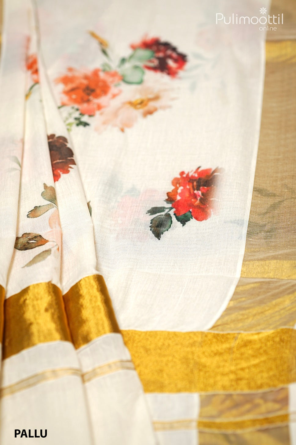 Cream Colour Kerala Cotton Digital Print Set Saree.