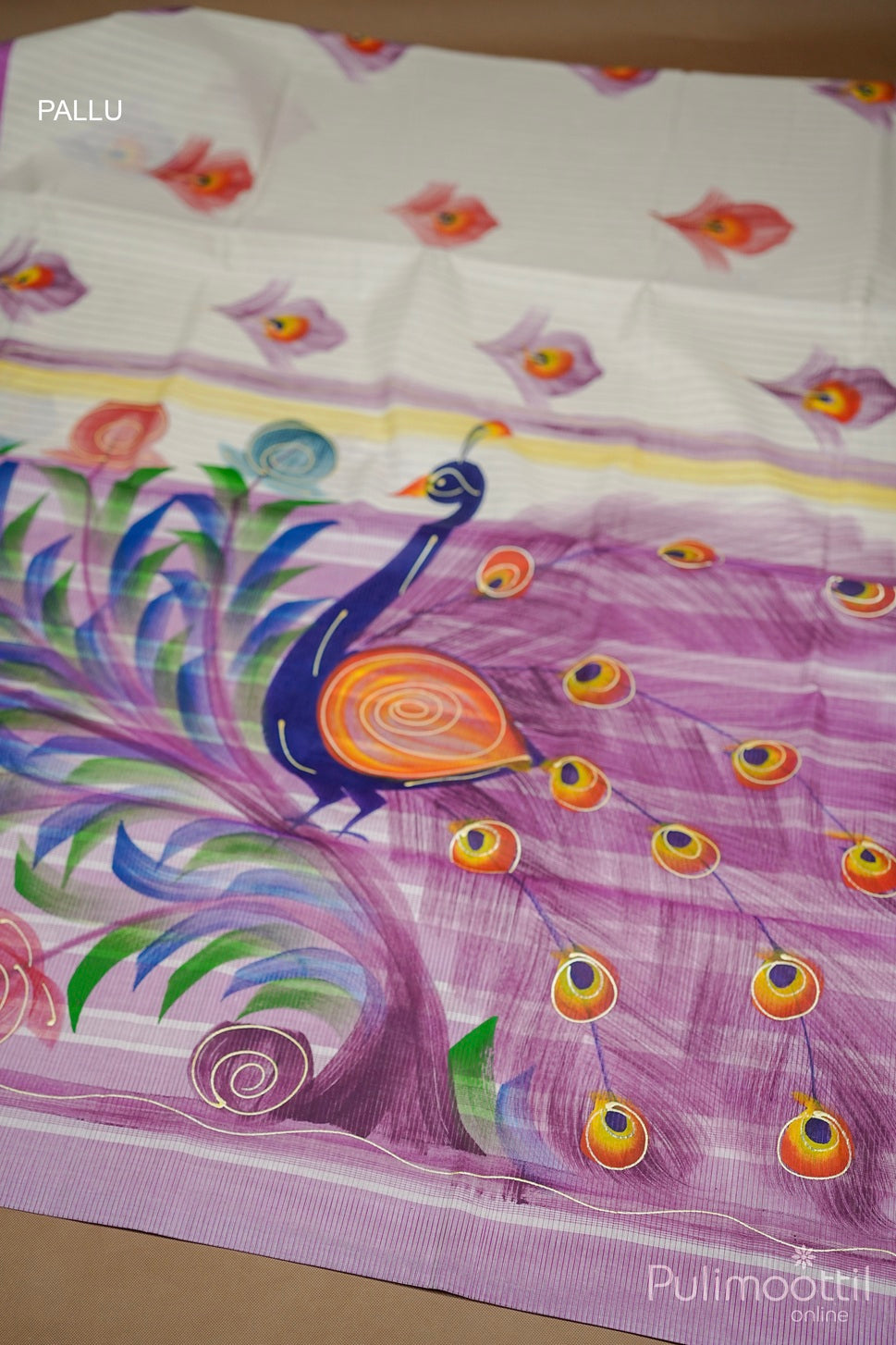 Kerala Cream Cotton Free Hand Painting Onam Fancy Saree.