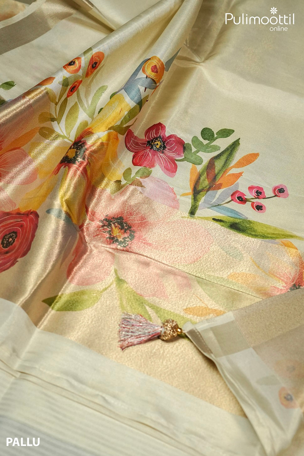 Cream Colour Kerala Golden Tissue Print Fancy Saree.