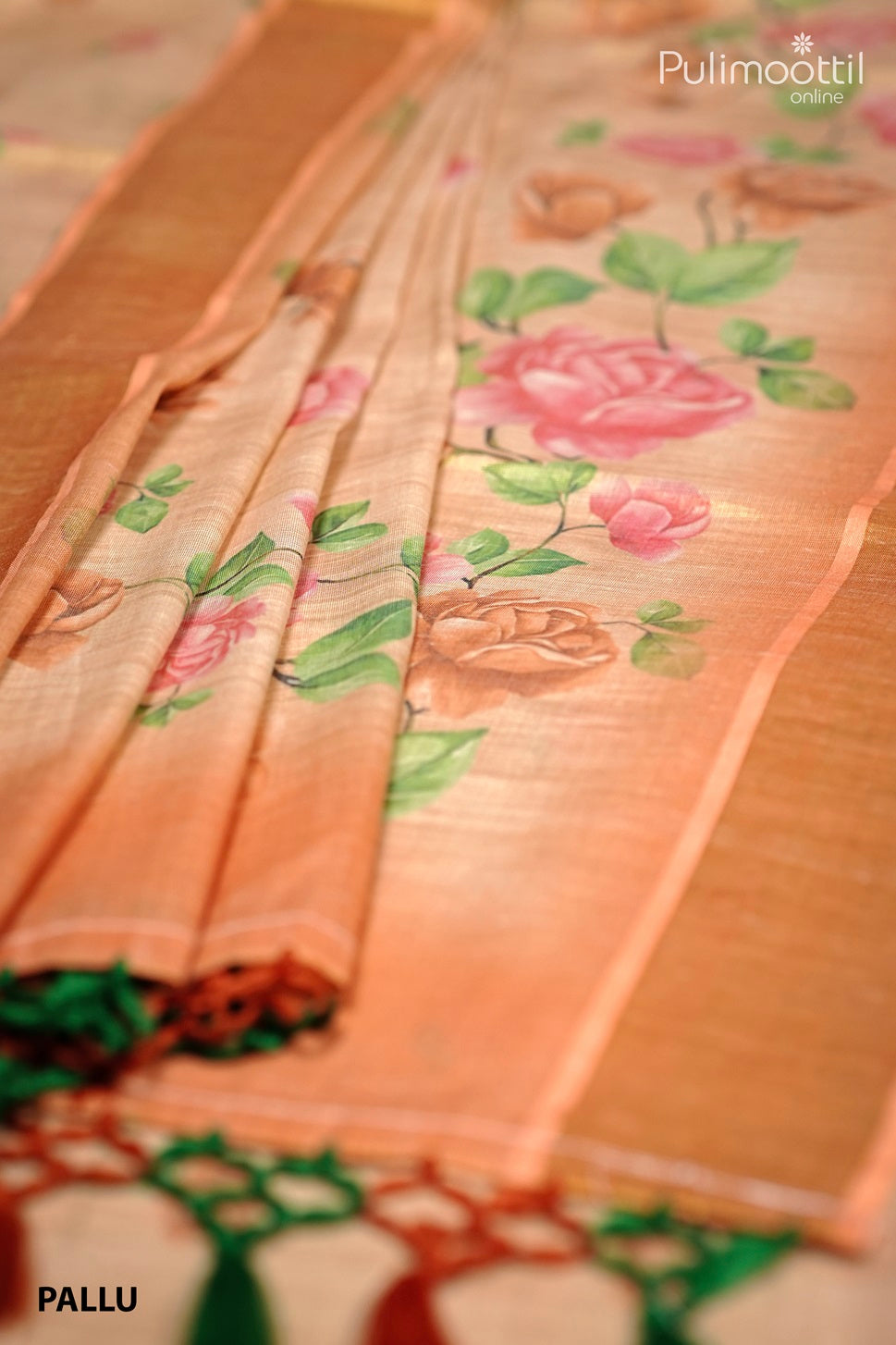 Orange Shaded Golden Tissue Floral Print Onam Fancy Saree.