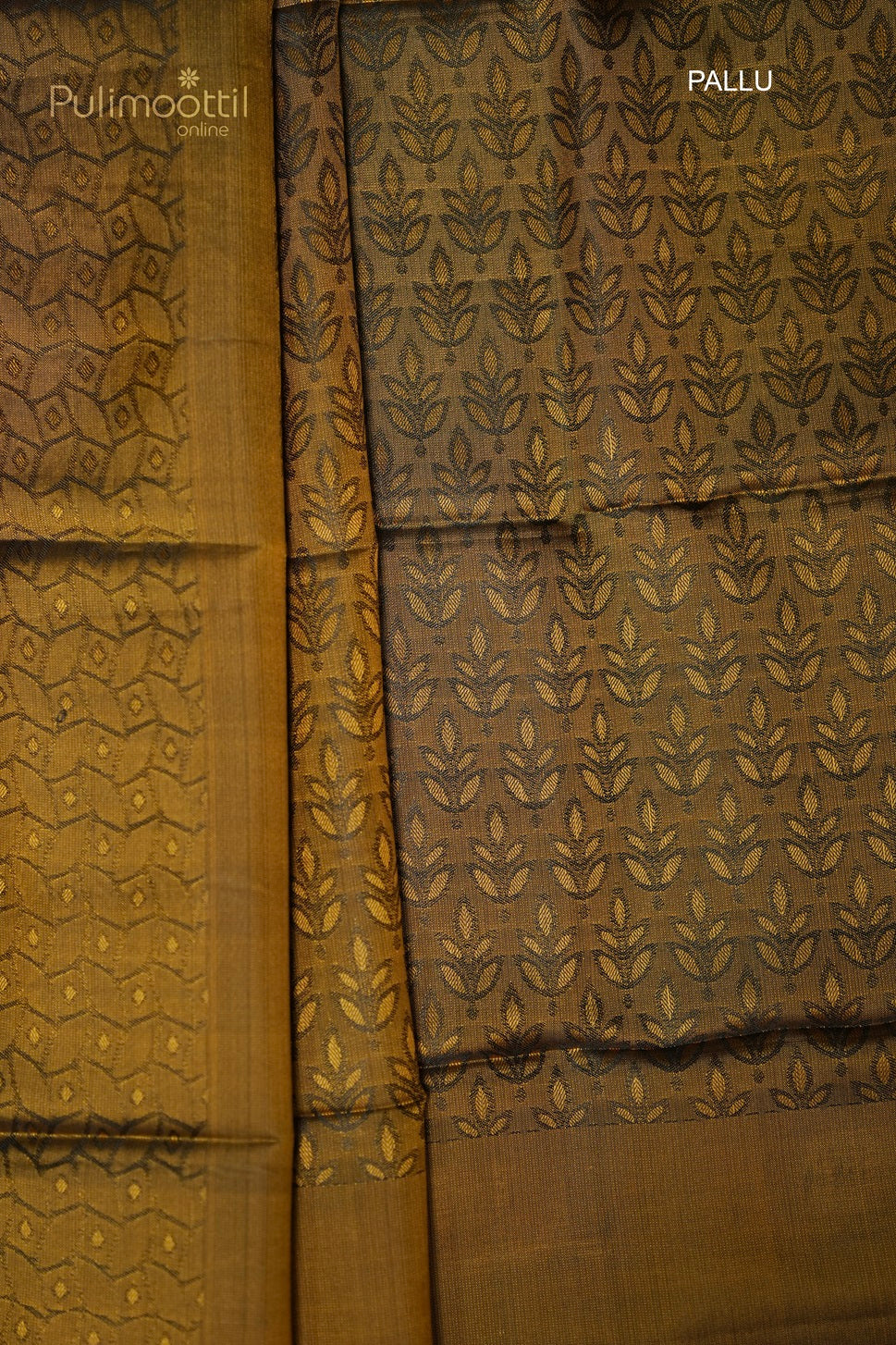 Golden self designer pallu with leaf motifs on peacock green Kanchipuram saree