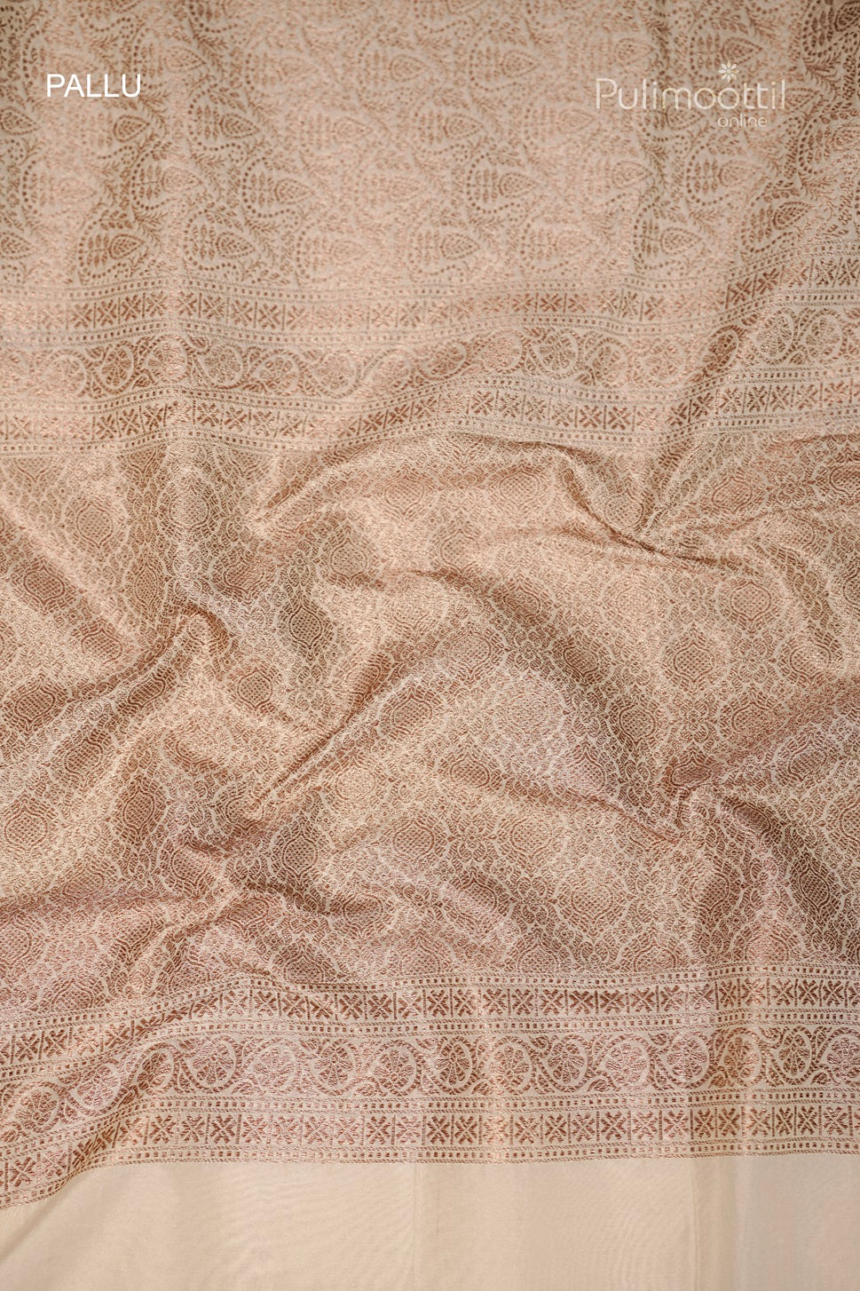 Designer pallu of white Kattan silk saree featuring intricate golden and thread woven patterns