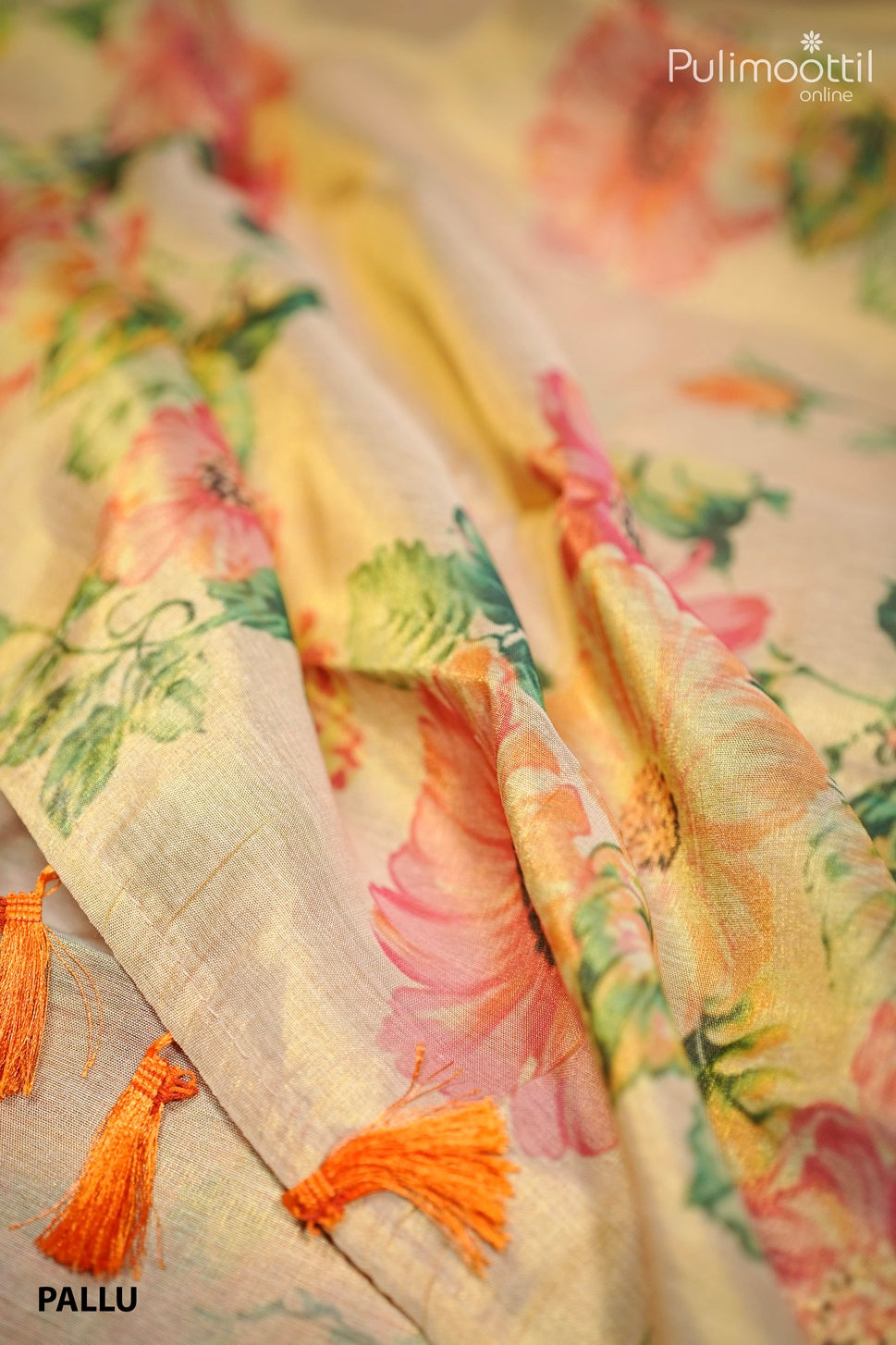 Kerala Digital Floral Print Golden Tissue Onam Saree.