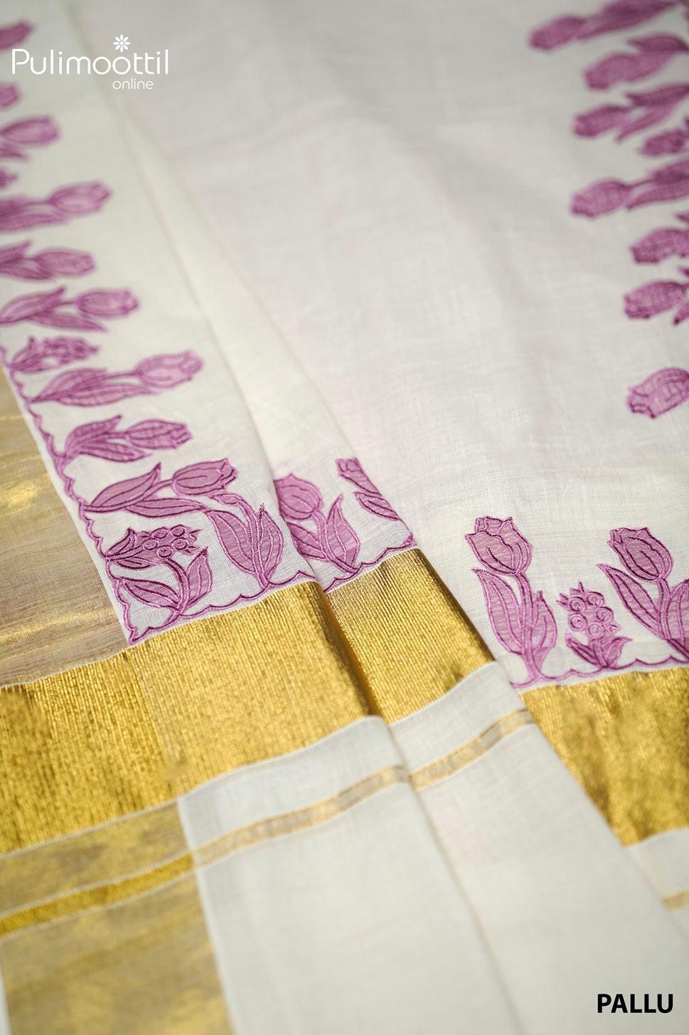Cream Colour Kerala Cotton Applique Work Set Saree.