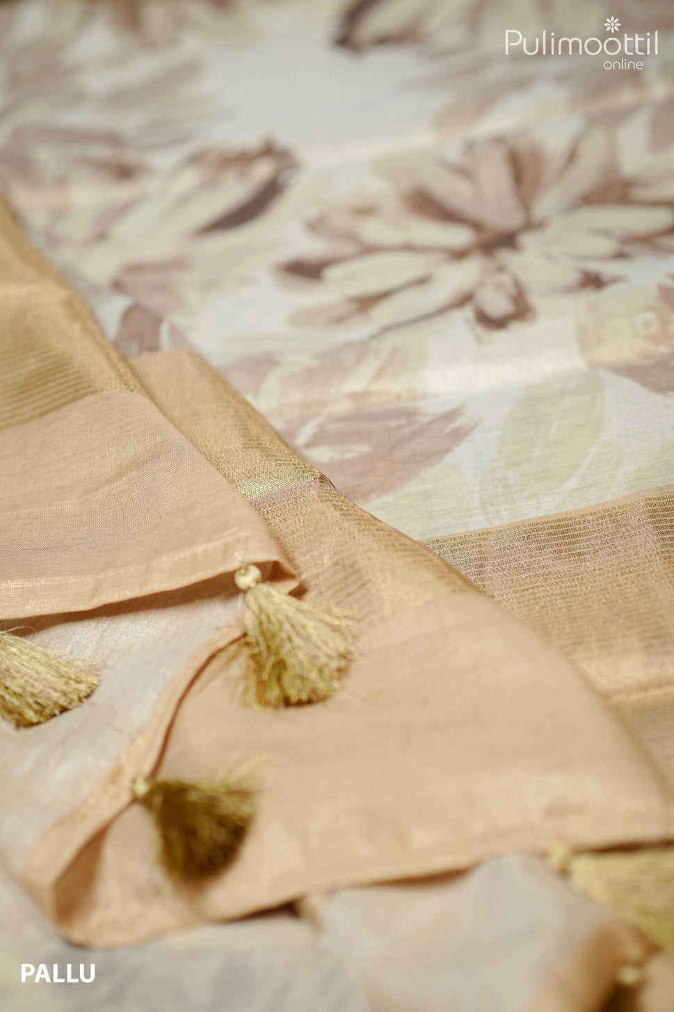 Light Gold Colour Kerala Tissue Floral Print Fancy Saree.